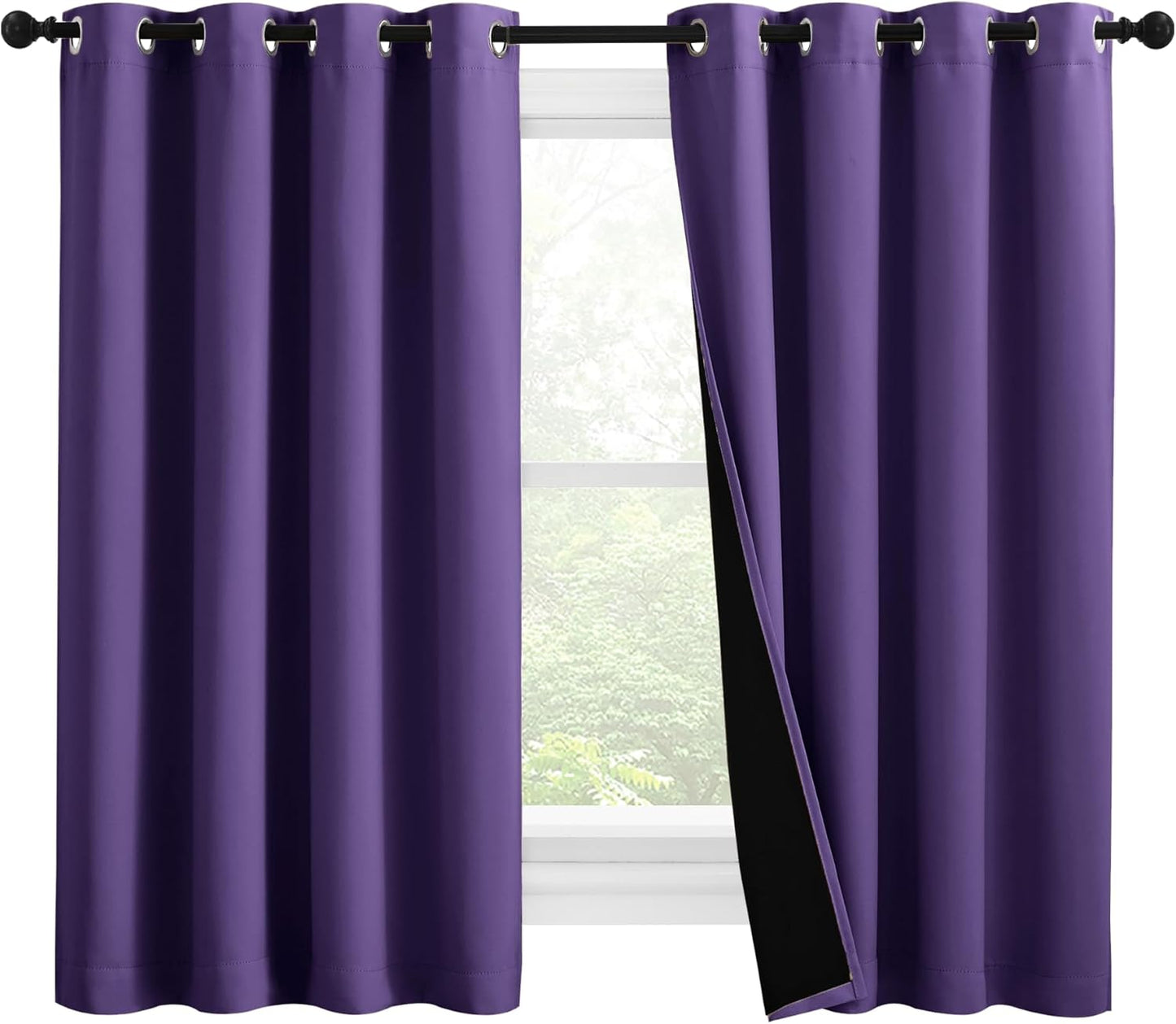 NICETOWN 100% Blackout Curtains with Black Liners, Thermal Insulated Full Blackout 2-Layer Lined Drapes, Noise Cancellation Window Draperies for Dining Room (Lilac Purple, 2 Panels, 55" W by 57" L)