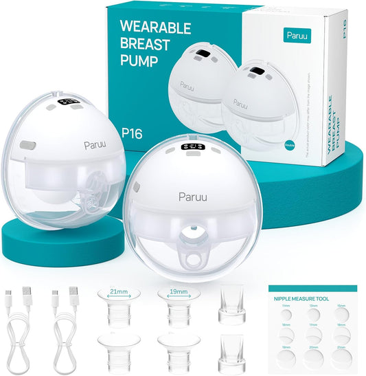Paruu Hands Free Breast Pump P16, Wearable Breast Pump Electirc Portable with 4 Modes & 12 Levels, Max 309mmHg Strong Suction 19/21/24mm Flange Inserts Wearable Breastfeeding Pump, 2 Pack