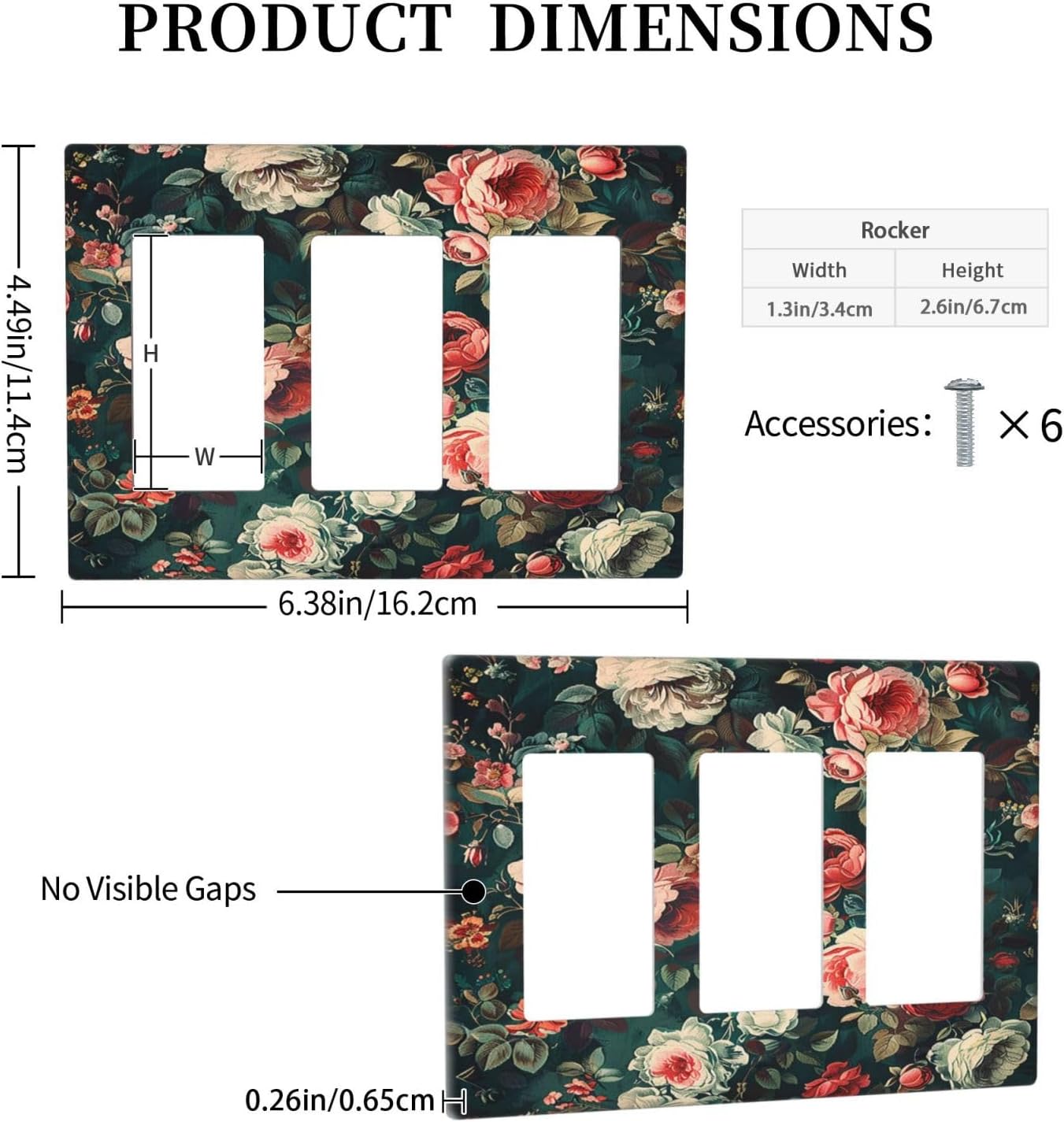 Light Switch Covers Baroque Vintage Peony Flower Floral 3 Gang Rocker Electrical GFCI Decorative Triple Outlet Wall Plate Cover Switchplate for Bedroom Farmhouse Decor