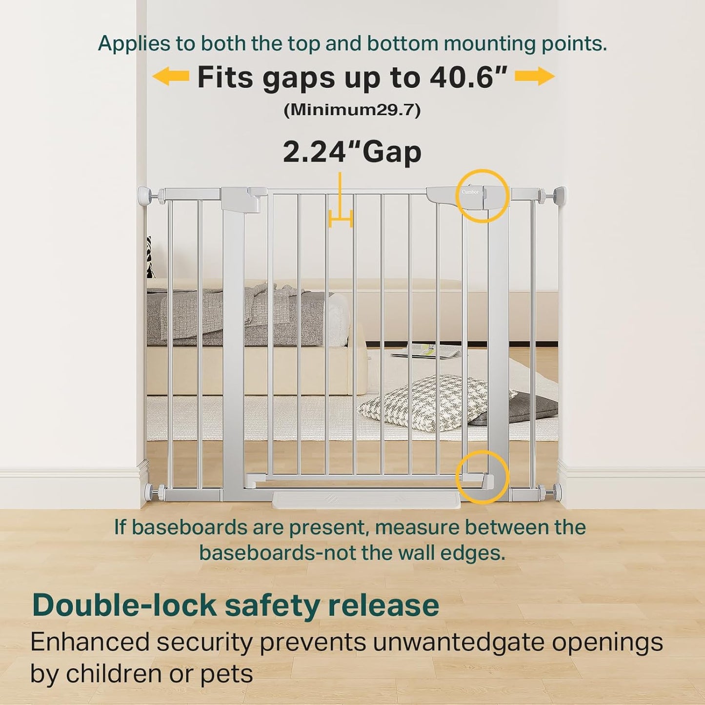 Cumbor 29.7-40.6" Baby Gate for Stairs, Mom's Choice Awards Winner-Dog Gate for Doorways, Pressure Mounted Self Closing Pet Gates for Dogs Indoor, Safety Child Gate with Easy Walk Thru Door, Silver
