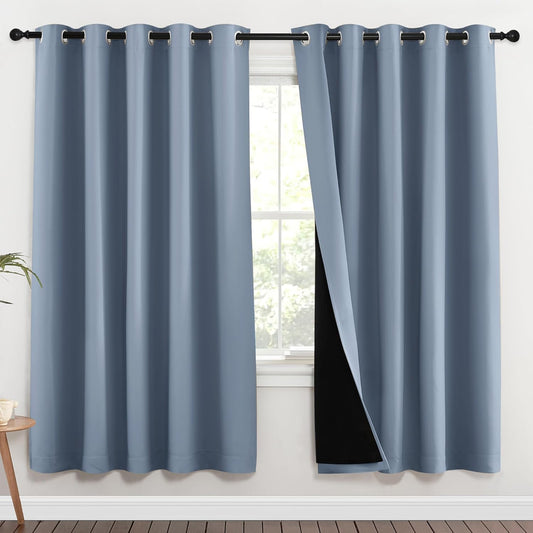 NICETOWN 100% Blackout Window Curtain Panels, Vintage Blue, 2 Pieces, 62-inch Wide Per Panel, Full Light Blocking Drapes with Black Liner for Nursery, 72-inch Drop Thermal Insulated Draperies
