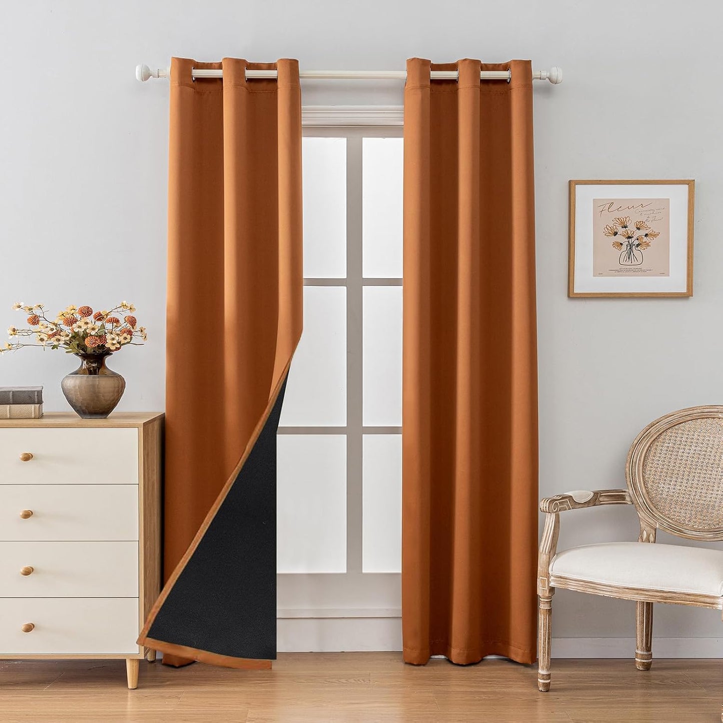 Anytime 100% Blackout Curtain Set, Thermal Insulated & Energy Efficiency Window Draperies for Guest Room, Full Shading Panels for Shift Worker and Light Sleepers（Orange, 2 Panels, 42W x 80L）