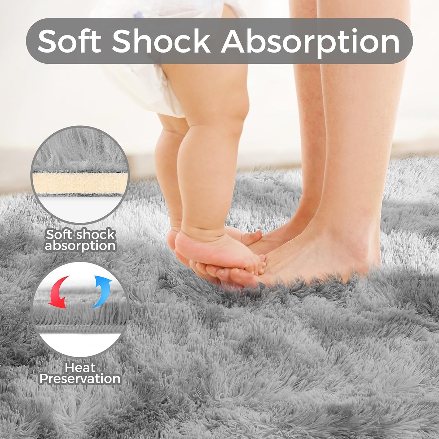 Ultra Soft Rug for Living Room, 4X6 Fluffy Shag Area Rug for Bedroom, Modern Shaggy Carpets Fuzzy Rug for Teens Dorm Nursery Home Decor Aesthetic, Upgrade Anti-Skid Durable, Tie-Dyed Light Grey