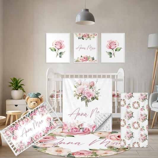 Custom Crib Bedding Set - 5 Pcs Personalized Name Pink Flowers Baby Crib Set for Infant Toddler Girl - Comfortable Double Layer Nursery Bedding Set - Customized Present for Birthday Baby Shower