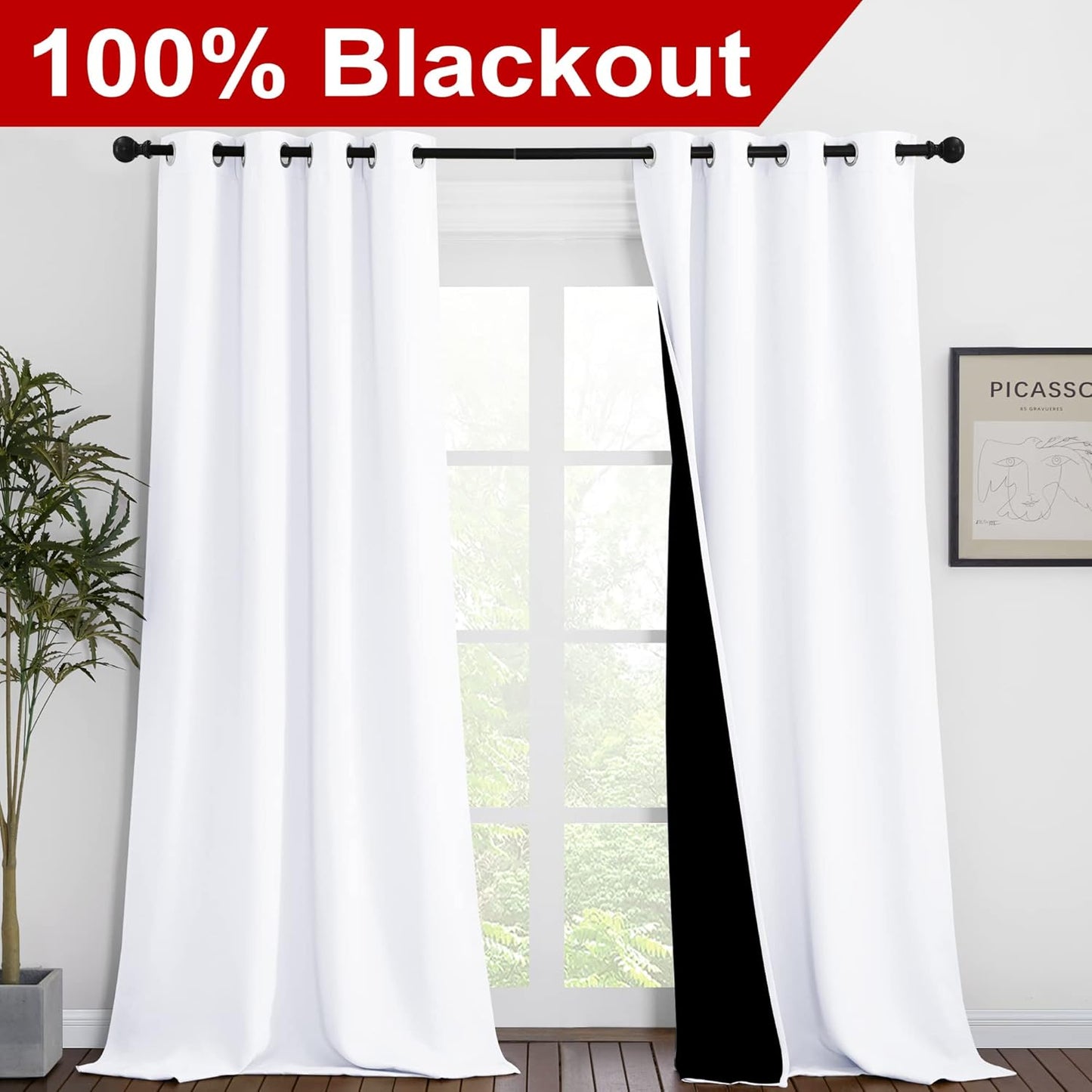NICETOWN White 100% Blackout Curtains for Windows, Pack of 2, 46" W x 102" L, Super Heavy-Duty Black Lined Total Darkness Drapes for Bedroom, Privacy Assured Window Treatment for Patio