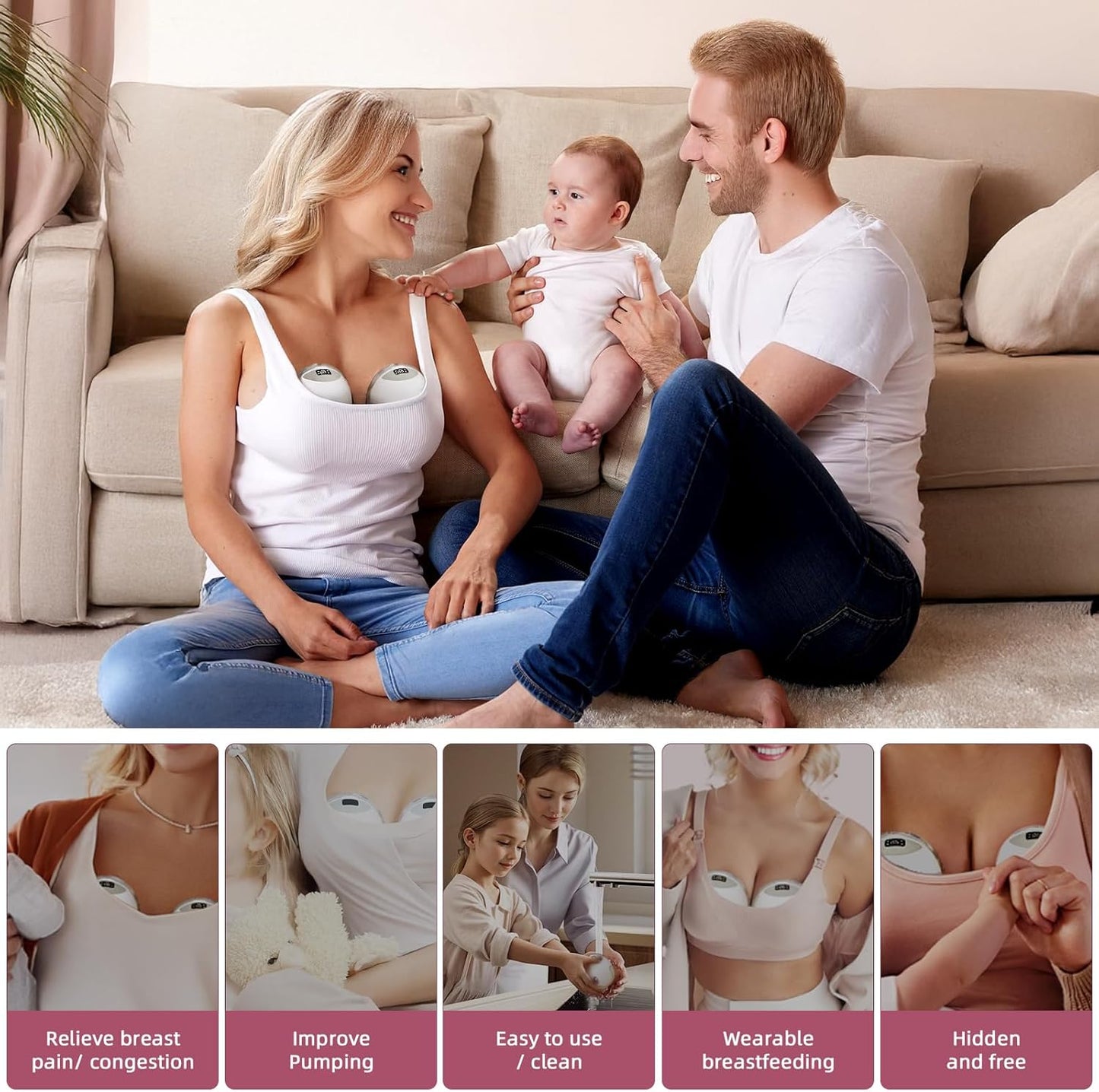 Wearable Breast Feeding Pump Portable, Electric Breast Pump Hands Free with 4 Modes &12 Levels,Strong Suction, LED Display, 24mm Sealed Flange,2 Pack