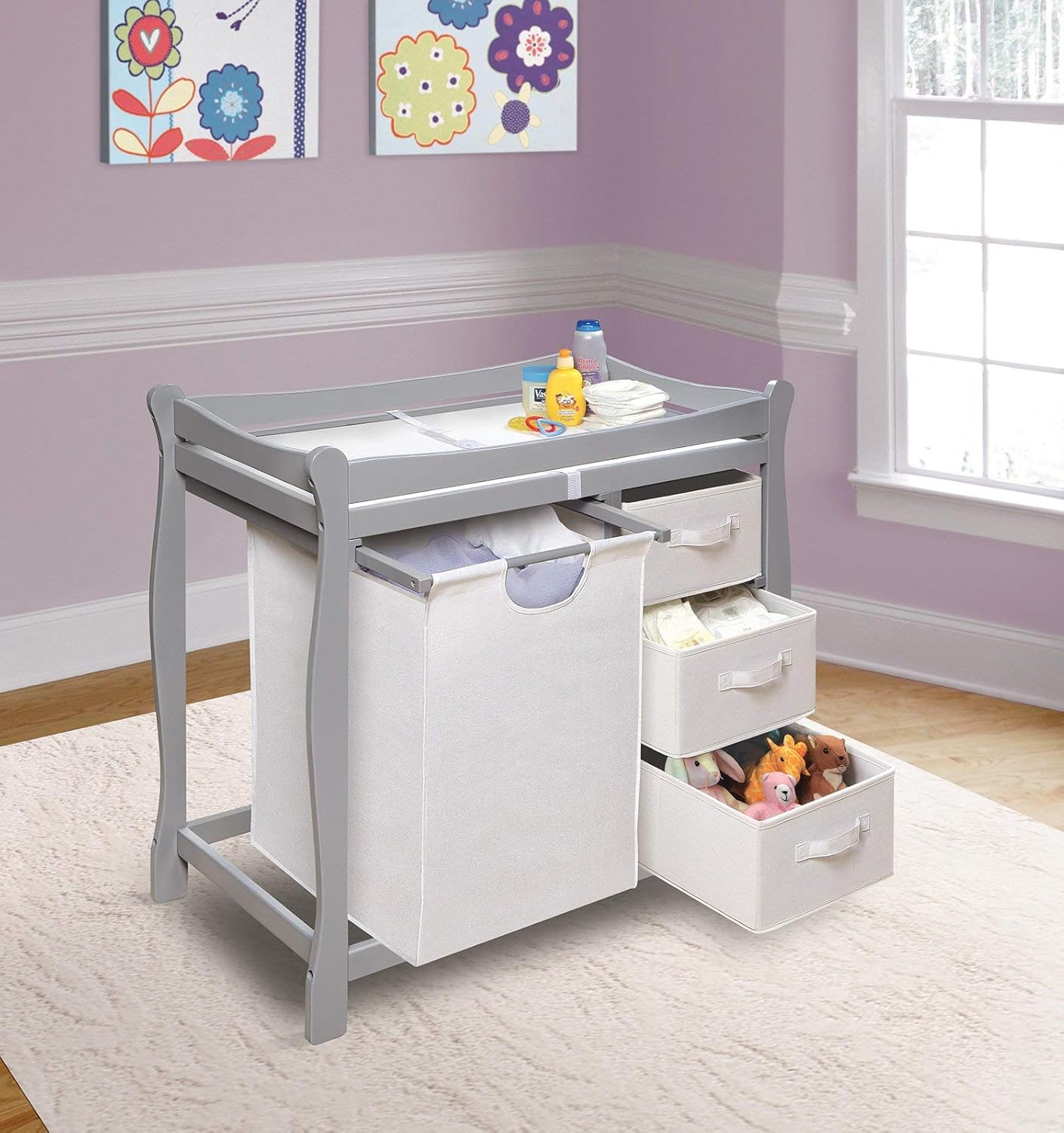 Badger Basket Sleigh-Style Baby Changing Table - Diaper Changing Station with 3 Storage Baskets - Nursery Organizer with Hamper, Changing Pad, Safety Rails - Gray