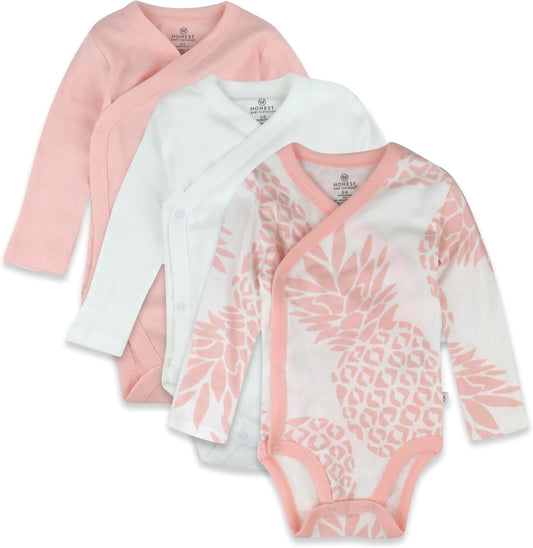 HonestBaby unisex-baby 3-pack Long Sleeve Side-snap Kimono Bodysuits Organic Cotton for Infant Baby Boys, Girls, Unisex