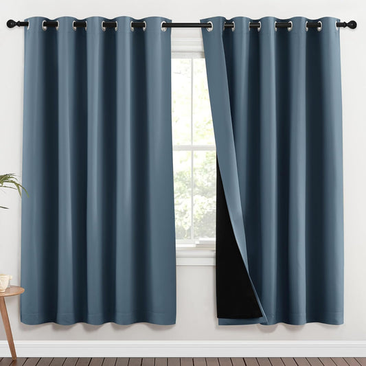 NICETOWN 100% Blackout Window Curtain Panels, Smoky Blue, 2 Pieces, 70-inch Wide Per Panel, Full Light Blocking Drapes with Black Liner for Nursery, 72-inch Drop Thermal Insulated Draperies