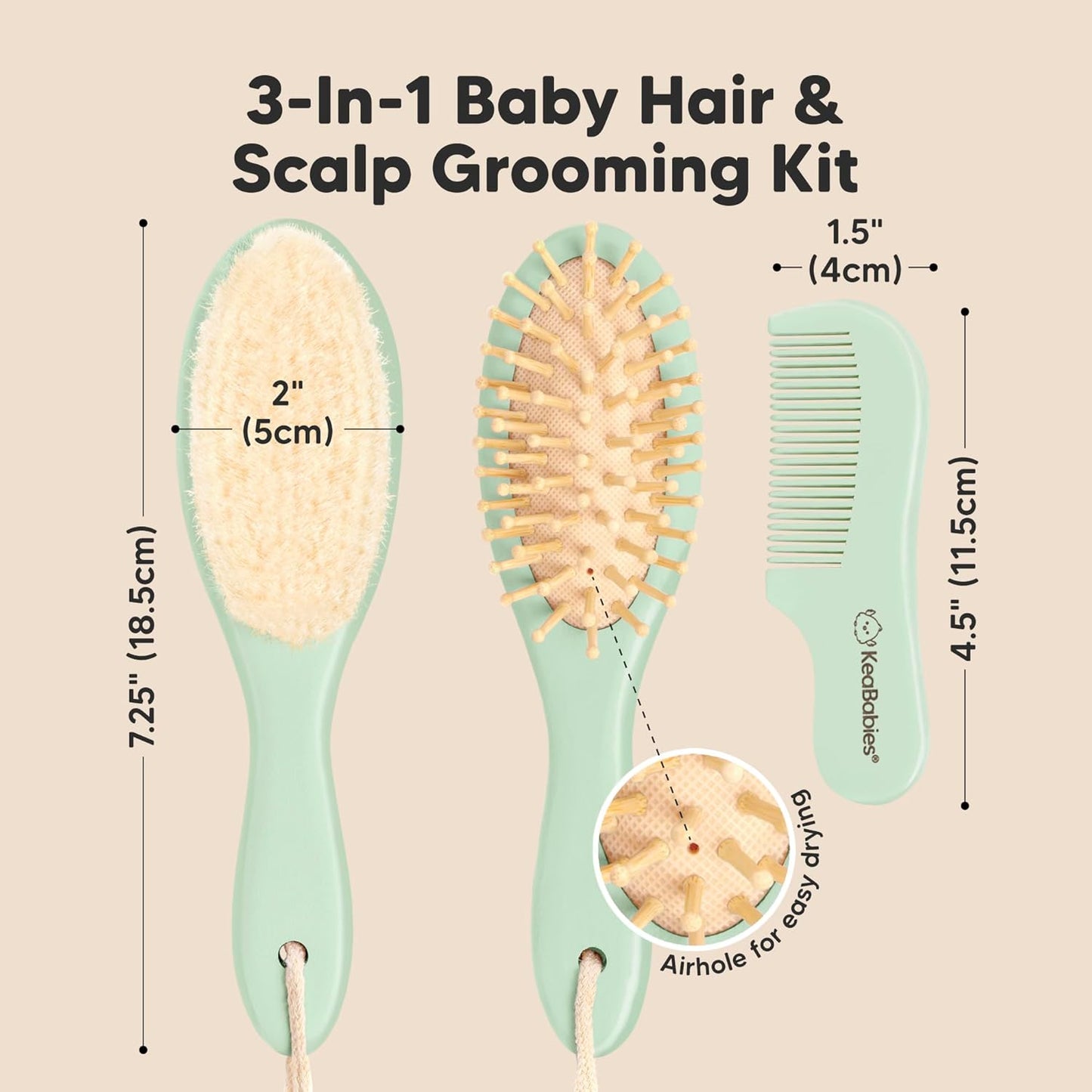 Baby Hair Brush and Comb Set for Newborn - Wooden Baby Hair Brush Set with Soft Goat Bristle, Baby Brush Set for Newborns, Baby Brush and Comb Set Girl, Boy, Toddler Cradle Cap Brush (Oval, Sage)