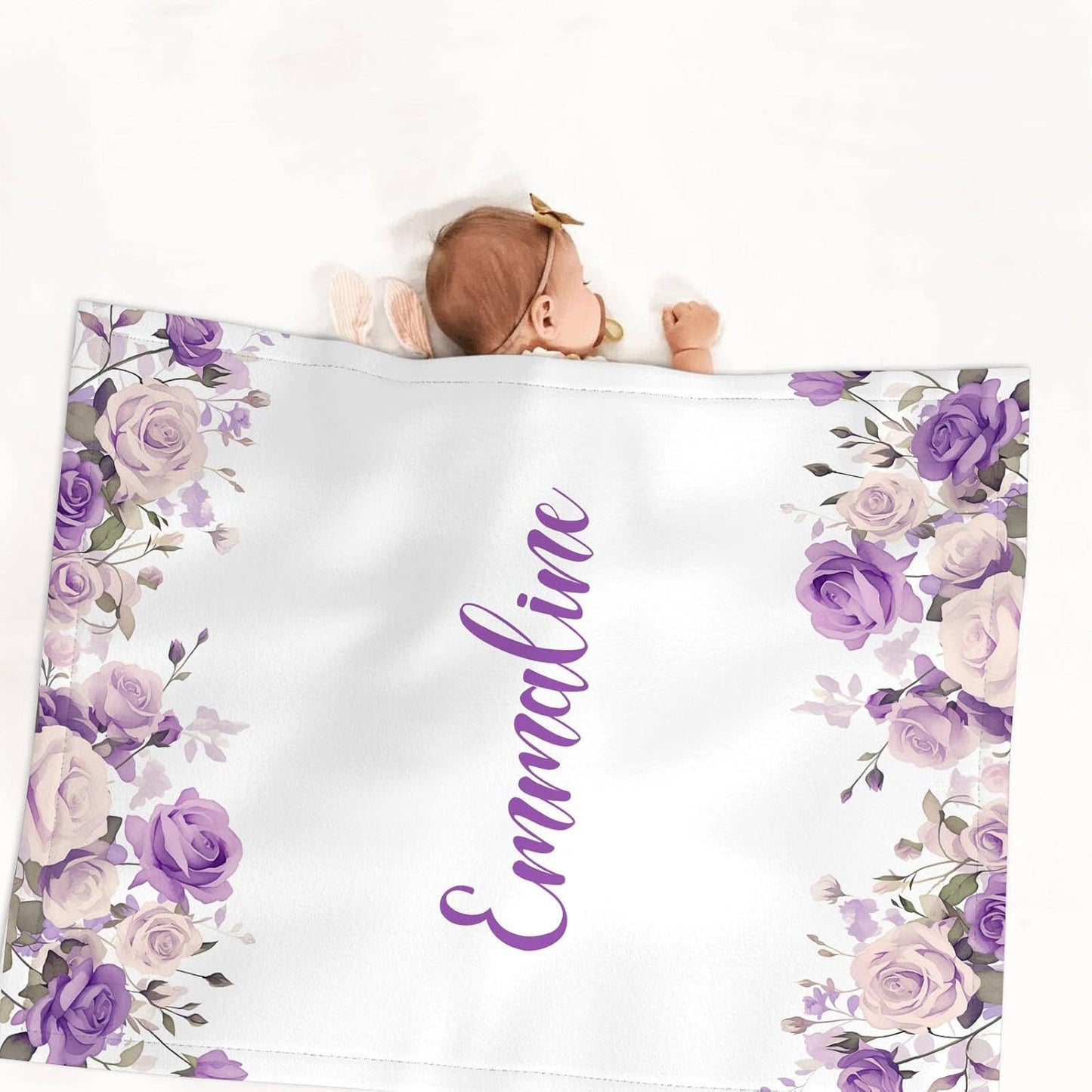 Personalized Baby Girl Crib Bedding Set – Custom Name Floral Purple 3-Piece Nursery Set with Soft Flannel Blanket, Fitted Sheet & Pillowcase – Infant & Toddler Bedding Gift