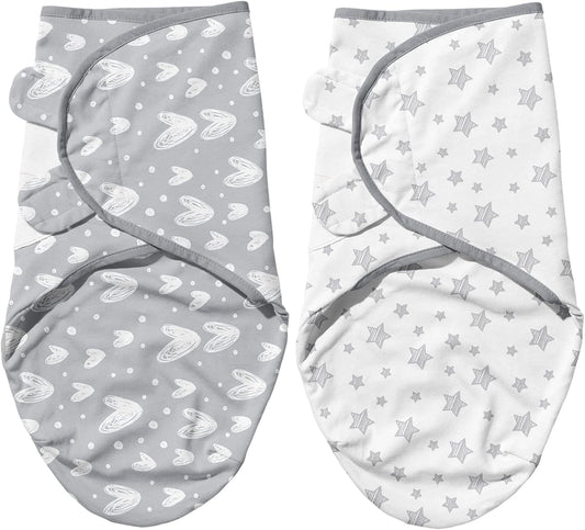 Biloban Baby Swaddles 0-3 Months for Boy Girls, Newborn, Organic Cotton Adjustable Blanket, Lovely Grey Print, 2 Pack