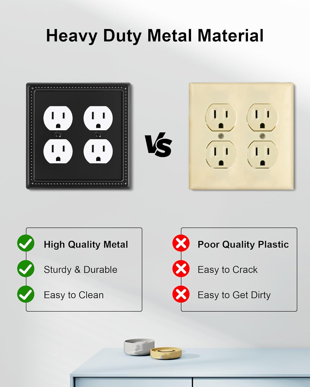 2-Pack Double Duplex Outlet Cover, Metal Switch Plates and Outlet Covers, Black Pearls Decorative Wall Plates for Electrical Outlets, 2 Gang Receptacle Cover, Corrosion Resistant