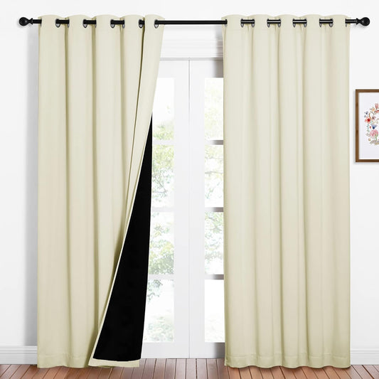 NICETOWN Living Room Completely Shaded Draperies, Privacy Protection & Noise Reducing Ring Top Drapes, Black Lined Insulated Window Treatment Curtain Panels (Beige, 2 Pieces, W62 x L84)