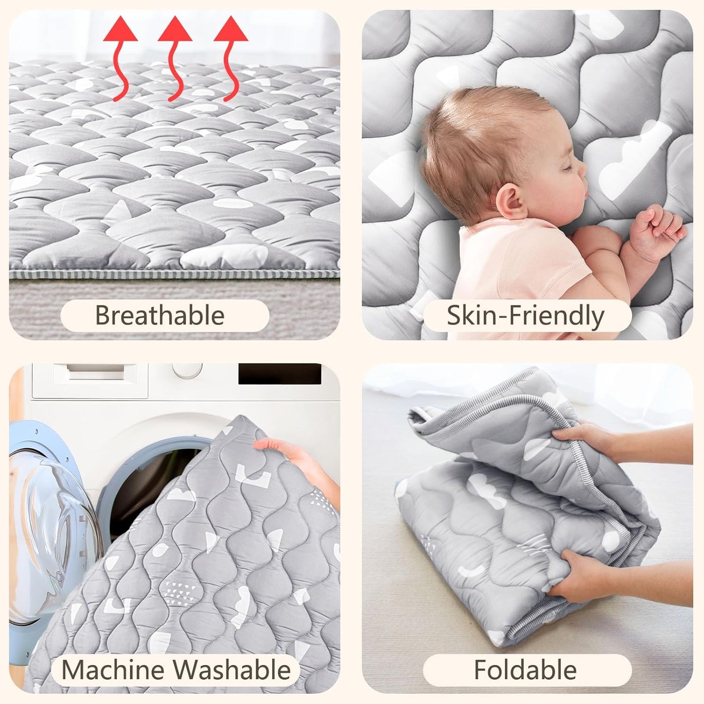 Baby Play Mat, 50x50 Playpen Mat with Super Soft Touch, Activity Mat with Upgraded Anti-Slip Bottom, Machine Washable Crawling Mat for Floor & Picnic (Boho Gray)