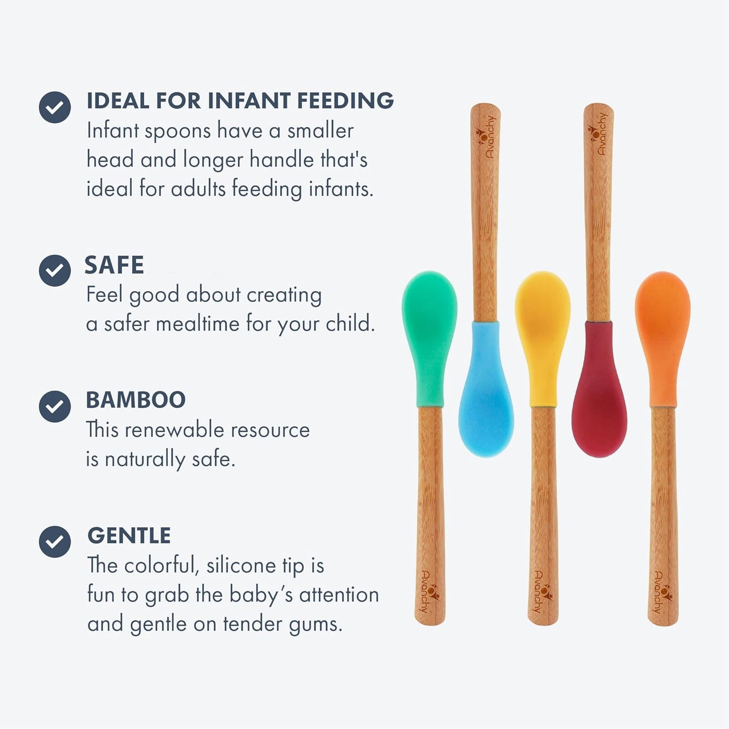 Avanchy Bamboo & Silicone Infant Training Spoons, BPA Free - Soft Tip, Easy on Gums, First Stage Feeding Utensils for Baby-Led Weaning, Self-Feeding, Assorted w/Blue