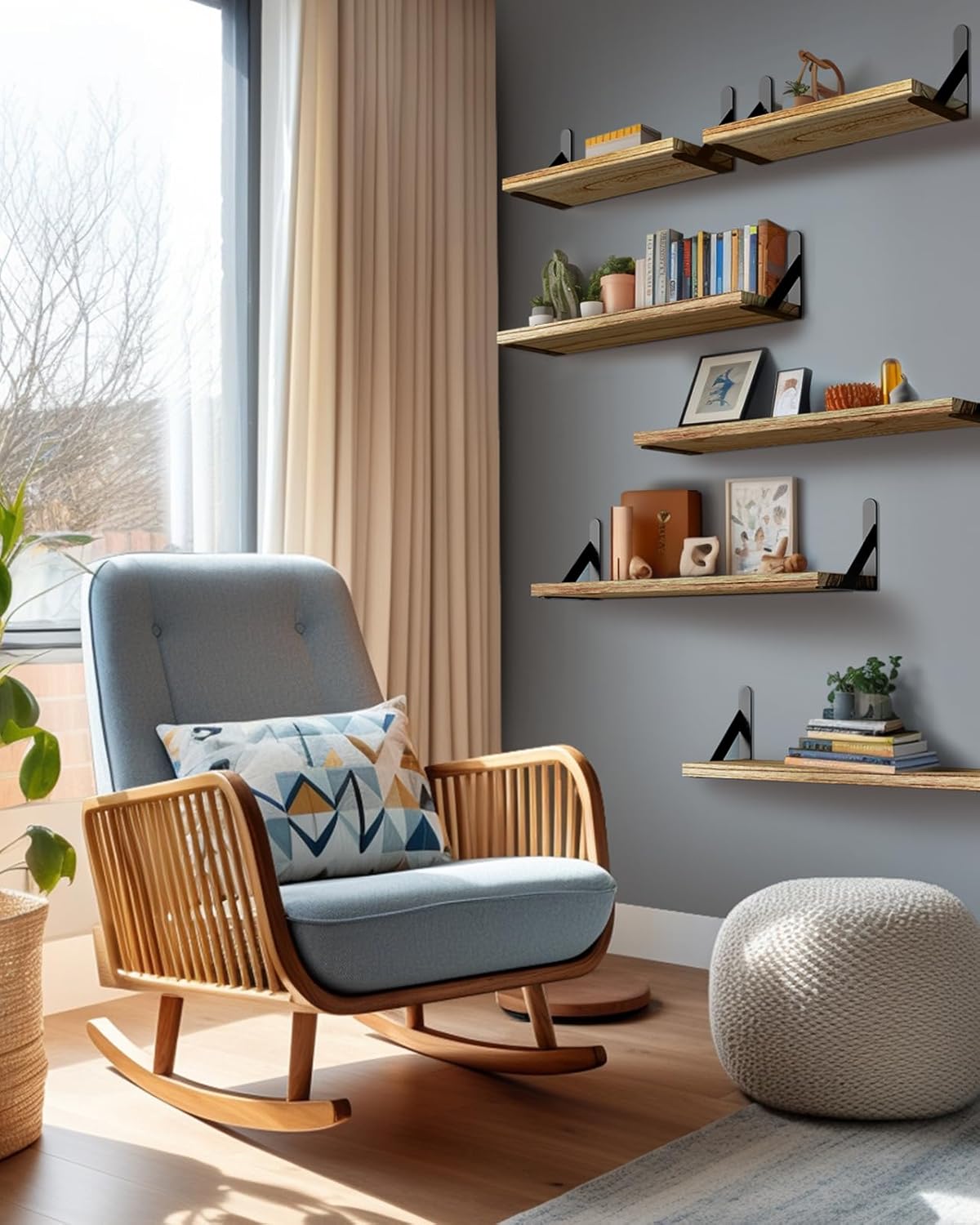 AMADA HOMEFURNISHING Wall Shelves Set of 6, Rustic Farmhouse Style, Wood Floating Shelves for Wall Decor, Bathroom & Bedroom Storage, Living Room Book Shelves, 6pcs