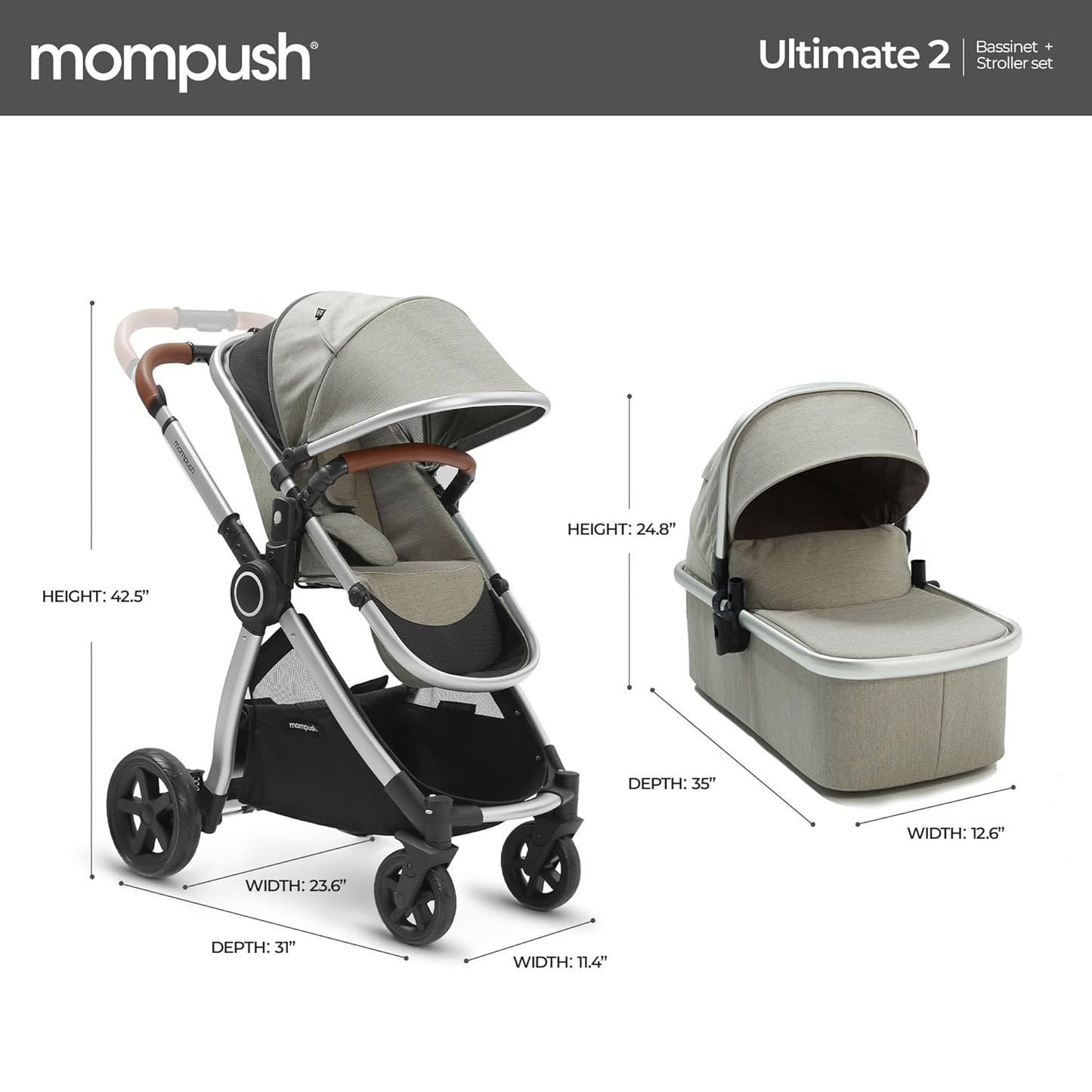 Mompush Ultimate 2 Baby Stroller for Infant and Toddler with Newborn Mode and Reversible Seat, All-Terrain Stroller with All-Wheel Suspension, Includes Car Seat Adapter and Large Storage Basket