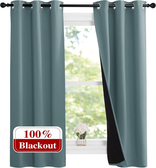 NICETOWN Aqua 100% Blackout Lined Curtains, 2 Thick Layers Narrow Wide Window Treatment Panels Thermal Insulated Drapes for Kitchen Small Window (1 Pair, 37" Width x 63" Length Each Panel)