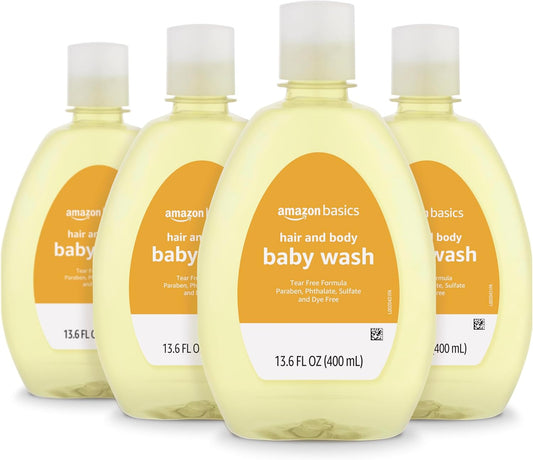 Amazon Basics Tear-Free Baby Hair and Body Wash, Lightly scented, 13.60 Fl Oz (Pack of 4)