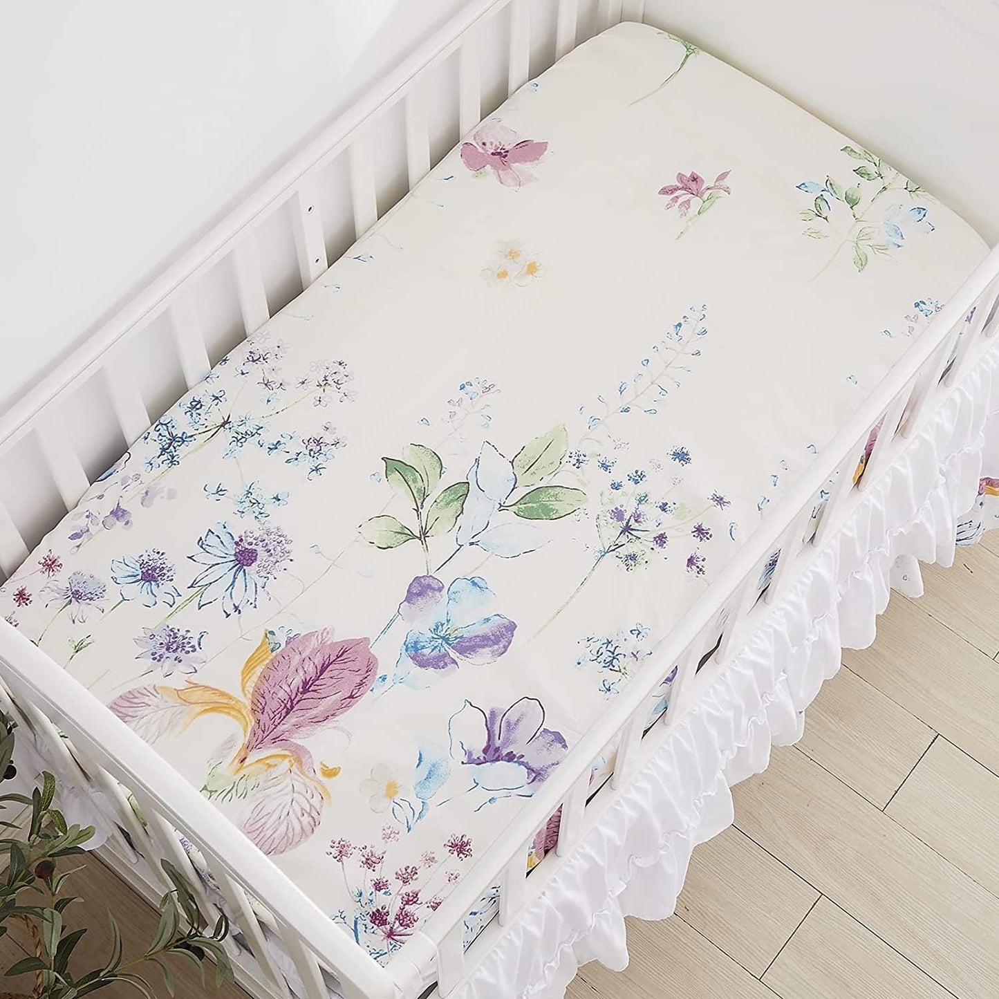 Brandream Wildflower Butterfly Crib Bedding Sets for Girls Farmhouse Baby Nursery Bedding Blanket Set Romantic Purple White, 6 Pieces