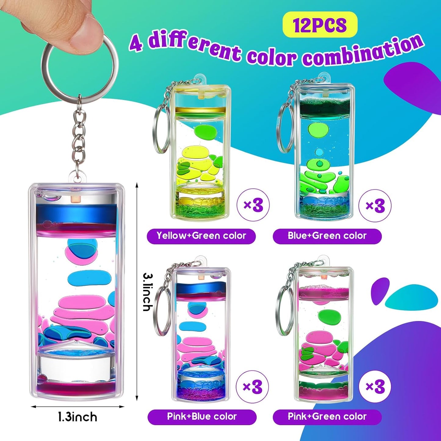 12 Pcs Liquid Motion Bubbler Keychains, Liquid Motion Bubbler Sensory Toys Liquid Keychain Fidget Keychain for Adults Stress Relief Gifts Calming Toys Party Favors Bag Pendant, 4 Styles