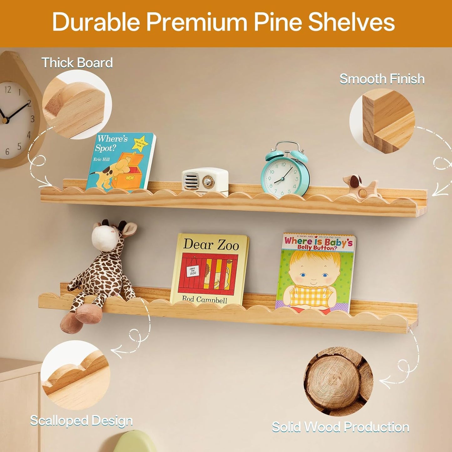 Nursery Book Shelves, Scalloped Floating Shelves Set of 2 Solid Pine Wood Wall Mounted Bookshelf with Wave Lip for Bedroom Kids, Toddler Room, Baby Room Natural 36inch