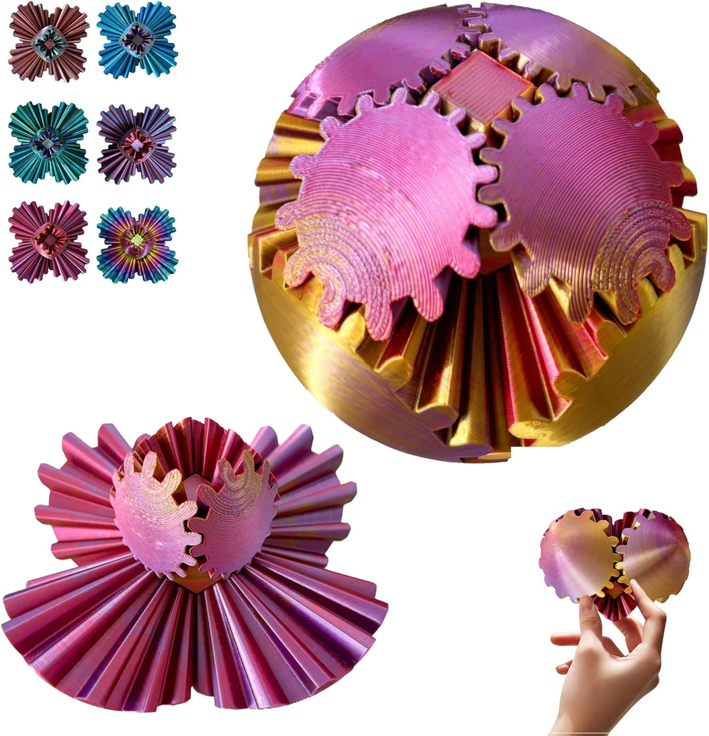 Gear Ball - GearSphere Fidget Toy, 3D Printed Gear Ball Spin Ball Cube Desk Toy, 2024 Gear Sphere Cube Puzzlefor Adults Kids, Stress and Anxiety Relaxing Fidget Toy (Red-Gold-Purple)