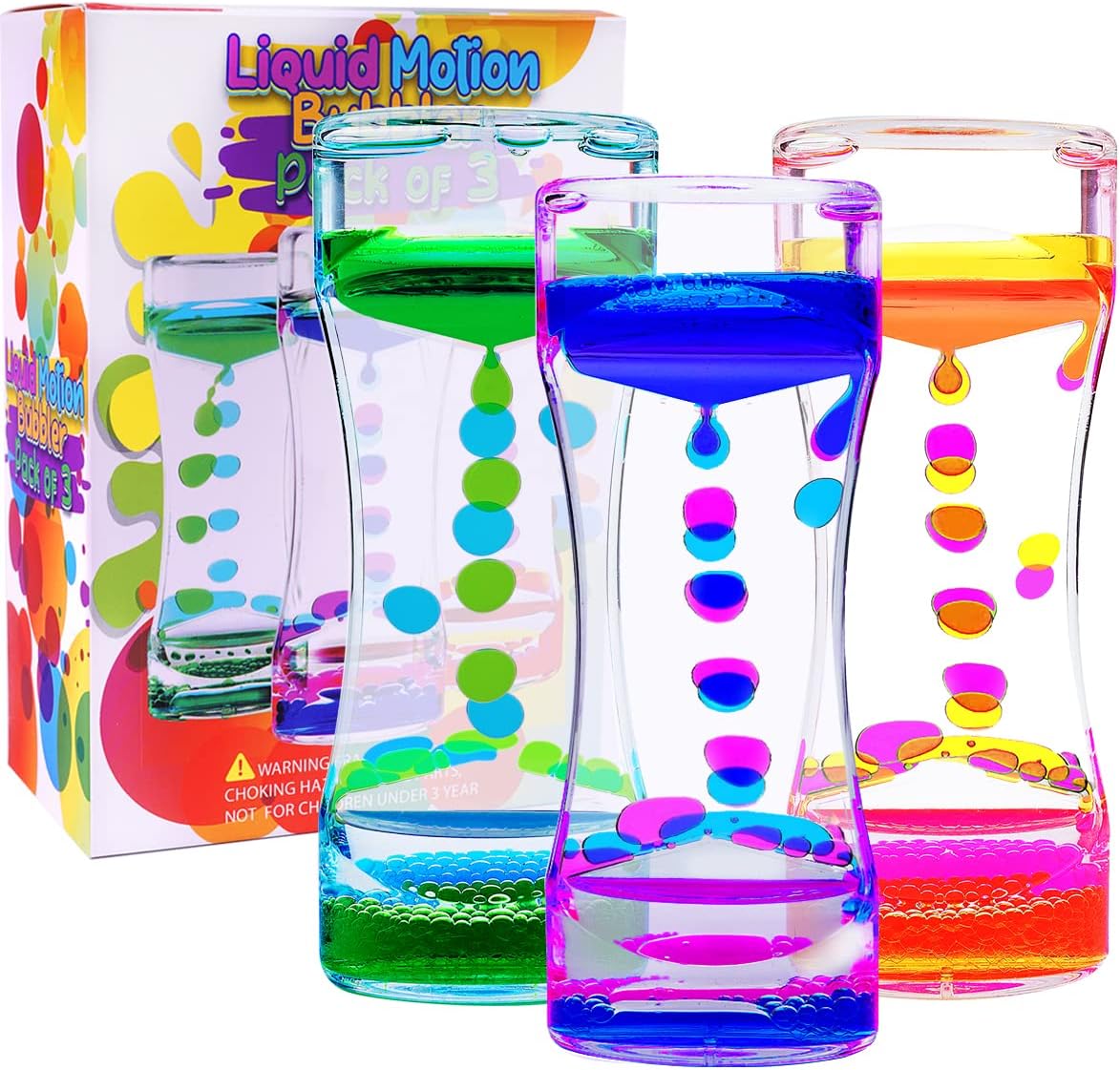 YUE MOTION Liquid Motion Bubbler Visual Sensory Toys, 2 Minute Liquid Timer– New Big Calming Sensory Water Bubbler Toy- Colorful Liquid Hourhlass for Stocking Stuffers, Easter Basket Stuffers