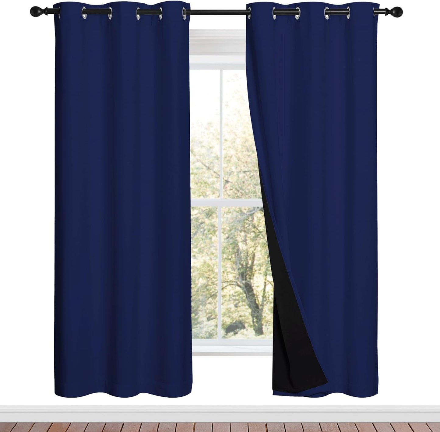 NICETOWN 100% Blackout Curtains with Black Liner Backing, Royal Blue, 37 inches x 70 inches Per Panel, Set of 2, Thermal Insulated Curtains for Living Room, Noise Reducing Drapes