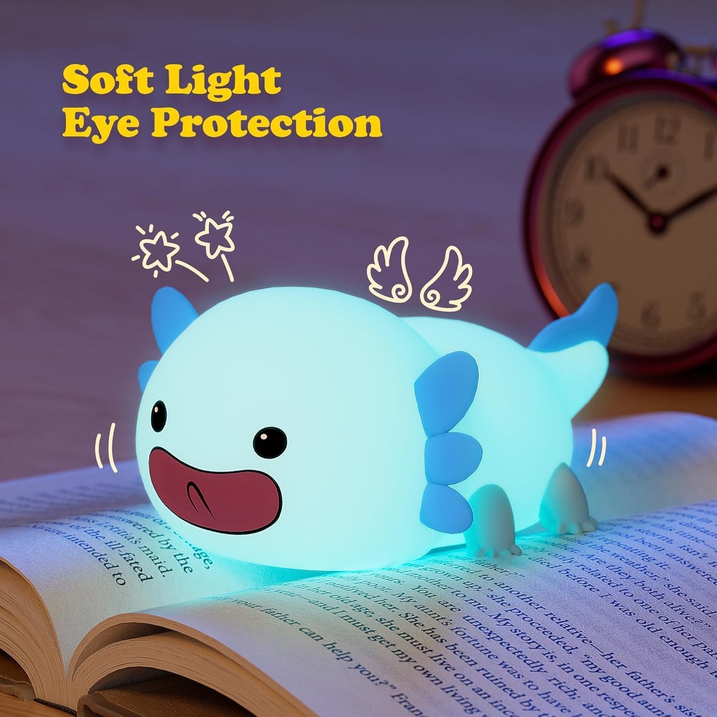UNEEDE Blue Axolotl Night Light for Kids, Animal Silicone Nursery Night Lamp, Rechargeable Table Lamp, Cute Room Decor Night Light for Bedroom, Living Room, Dining, Desk Decorations, Gift