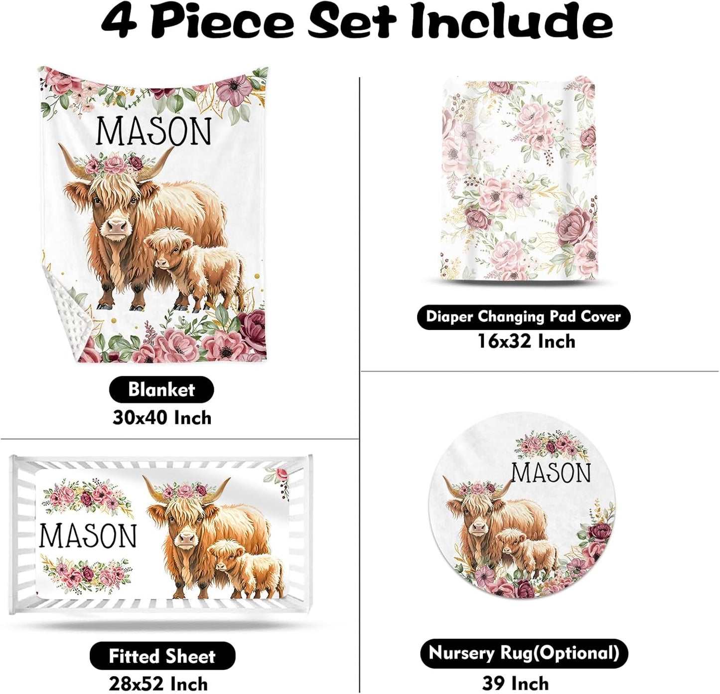 Custom Nursery Crib Bedding Set: Personalized Name 4 Piece Flower Highland Cow Design Baby Crib Sets for Baby Girls - Toddler Double Layer Blanket Set, Comfortable Crib Bed Sheets for Baby Toddlers