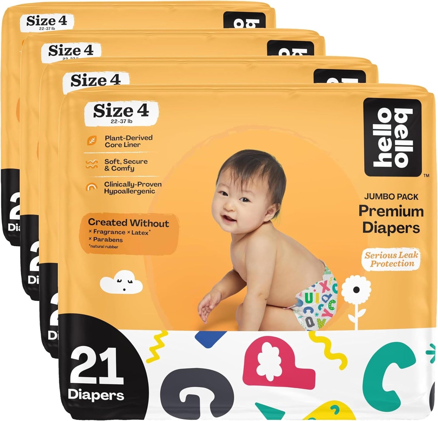 Hello Bello Diapers, Size 4 | Extra-Absorbent | Hypoallergenic | Alphabet Soup | 21 Count, Pack of 4