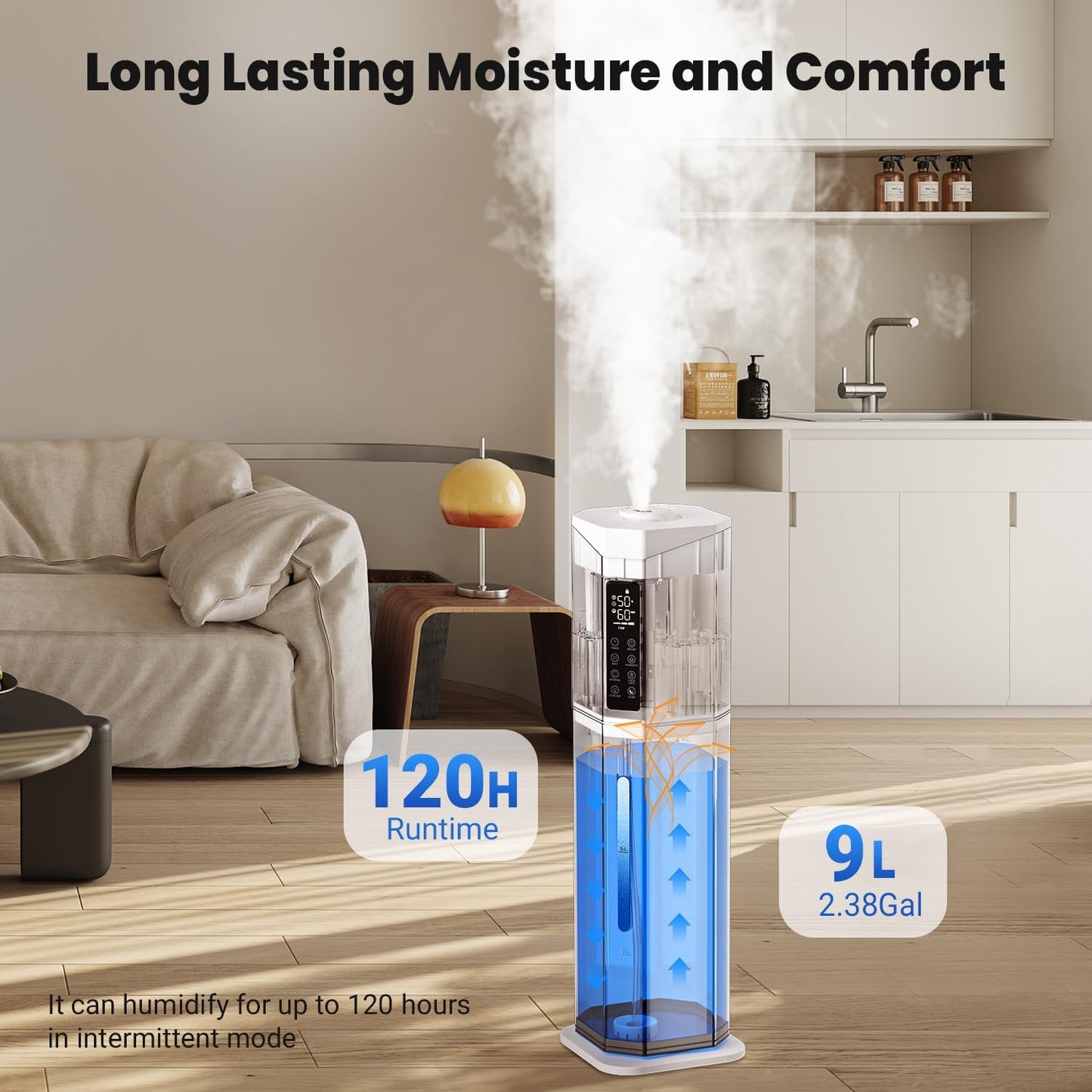 Humidifiers for Bedroom - GloryAir 2.38Gal/9L Top Fill Cool Mist Humidifier for Large Room 500ft² 120H Last with Auto Mode 7-Color Light Humidistat Aroma Box Quiet Humidifiers for Plants Baby & Adults