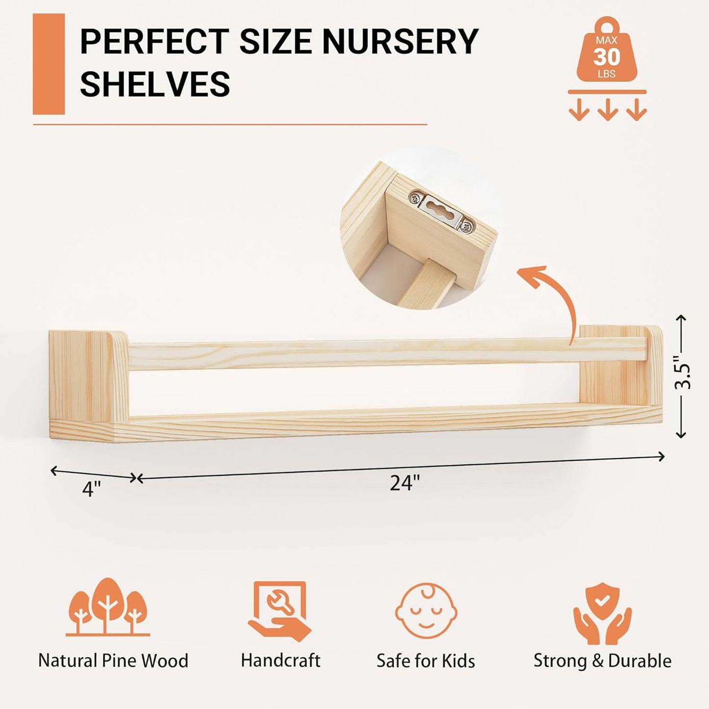 Heimlove Nursery Floating Shelves, Wood Nursery Book Shelves for Wall, 24 inch Wall Bookshelf for Kids Solid Wood for Books,Toys and Decor Storage, Set of 3