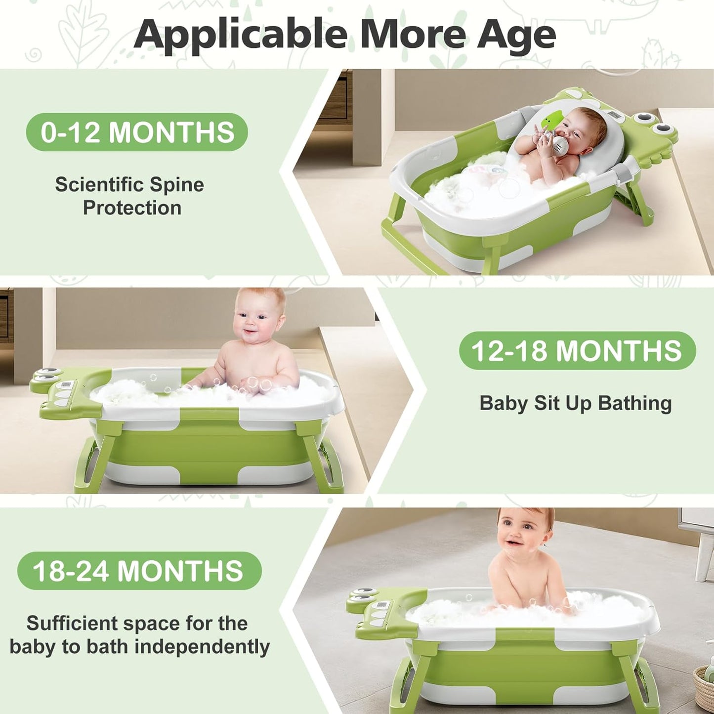 Collapsible Baby Bathtub for Newborn, Foldable Baby Bath Tub with Thermometer & Soft Floating Cushion & Drain Hole, Portable Travel Infant Bath Tubs for Newborns to Toddler 0-36 Months Girl, Green