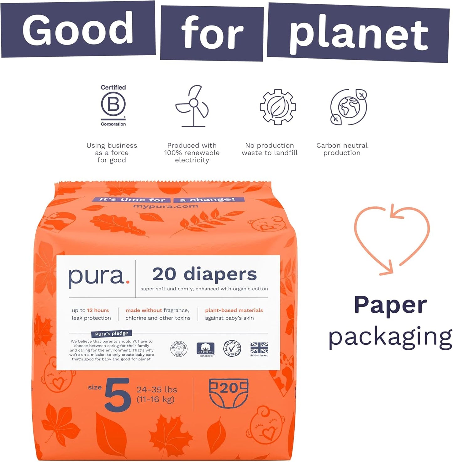 Pura Size 5 Eco-Friendly Diapers (24-35 lbs) Totally Chlorine Free (TCF) Hypoallergenic, Soft Organic Cotton, up to 12 Hours Leak Protection, Allergy UK, 3 Packs of 20 (60 Diapers)