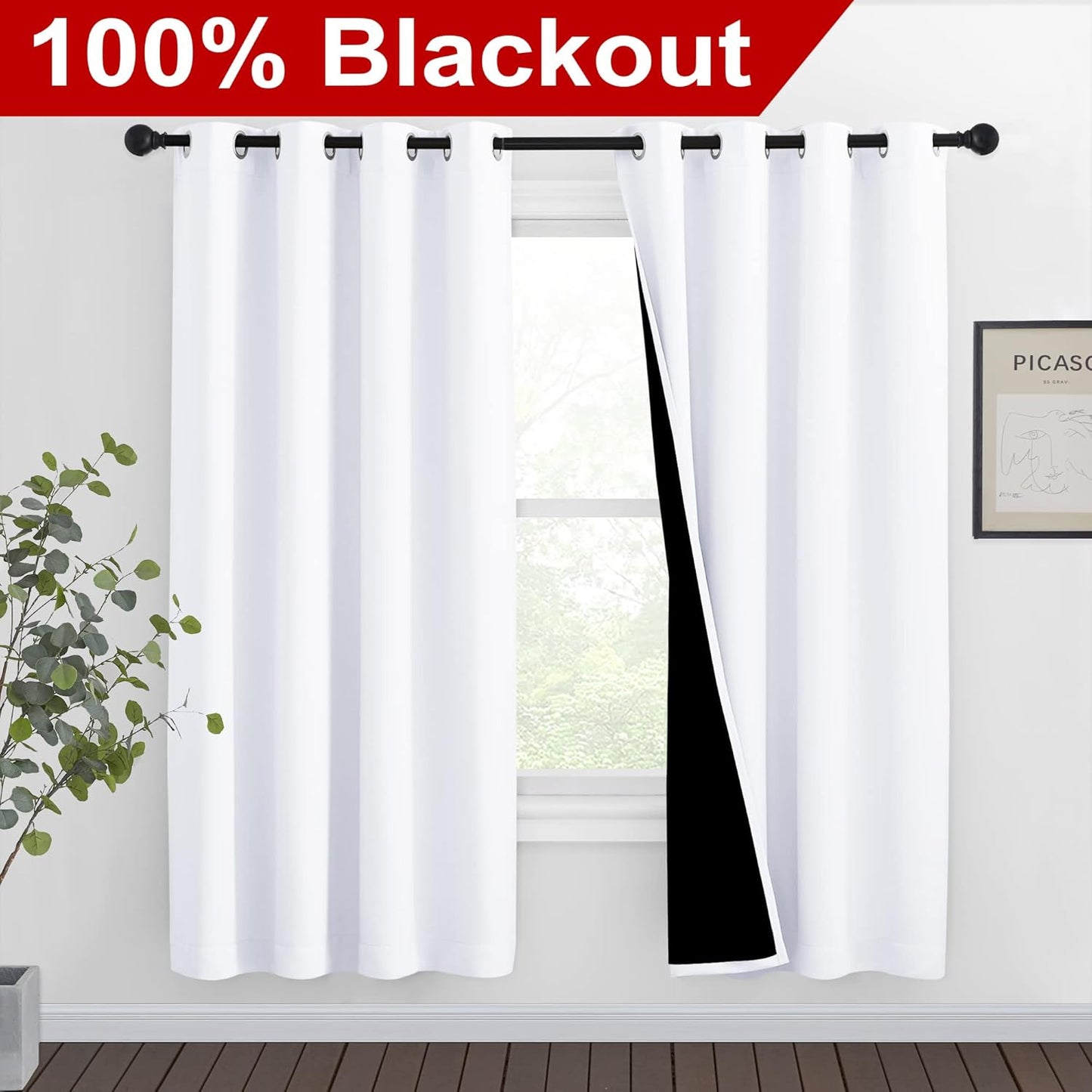 NICETOWN White Blackout Curtains 72 inches Long, Full Light Blocking Drapes with Black Liner for Nursery, Thermal Insulated Draperies for Hall, Villa (2 Pieces, 46" Wide Each Panel, Pure White)