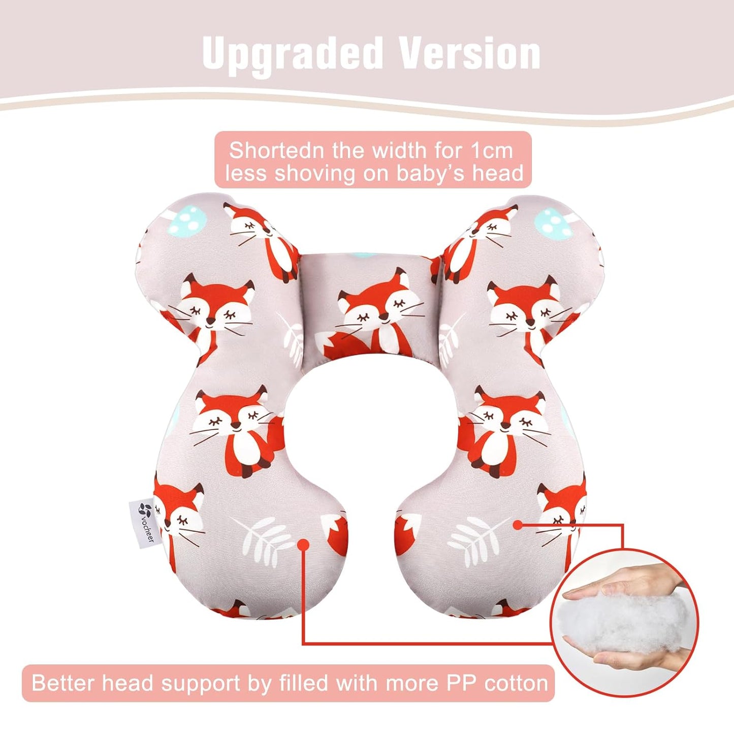 vocheer Baby Travel Pillow(Upgraded), Head and Neck Support Pillow for Pushchair, Car Seat,Stroller, Bouncer, Cotton, Orange Fox