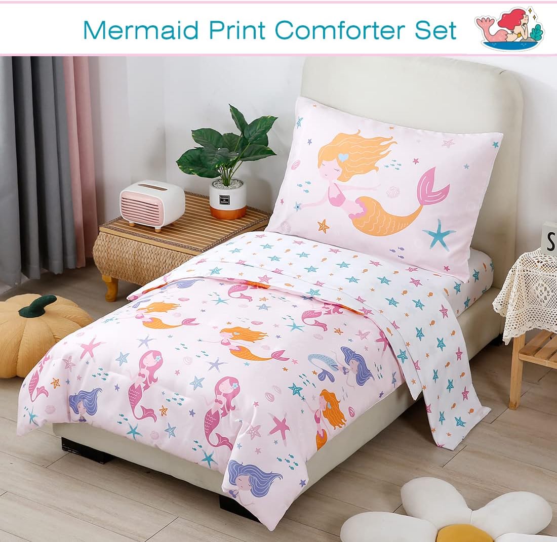 PERFEMET Toddler Bedding Sets Girls 4 Pieces Pink Mermaid Toddler Bed in A Bag Soft Reversible Blush Toddler Bed Set Include Comforter, Flat Sheet, Fitted Sheet, Pillowcase