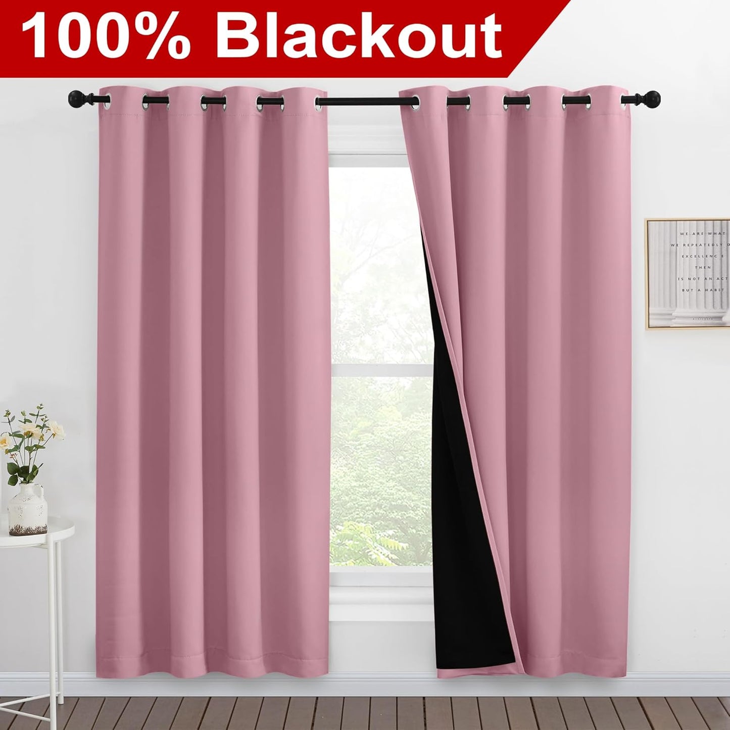 NICETOWN Crystal Pink Full Shade Curtain Panels, Pair of Energy Smart & Noise Blocking Out Blackout Drapes for Dining Room Window, Thermal Insulated Guest Room Lined Window Dressing(55 x 78 inch)