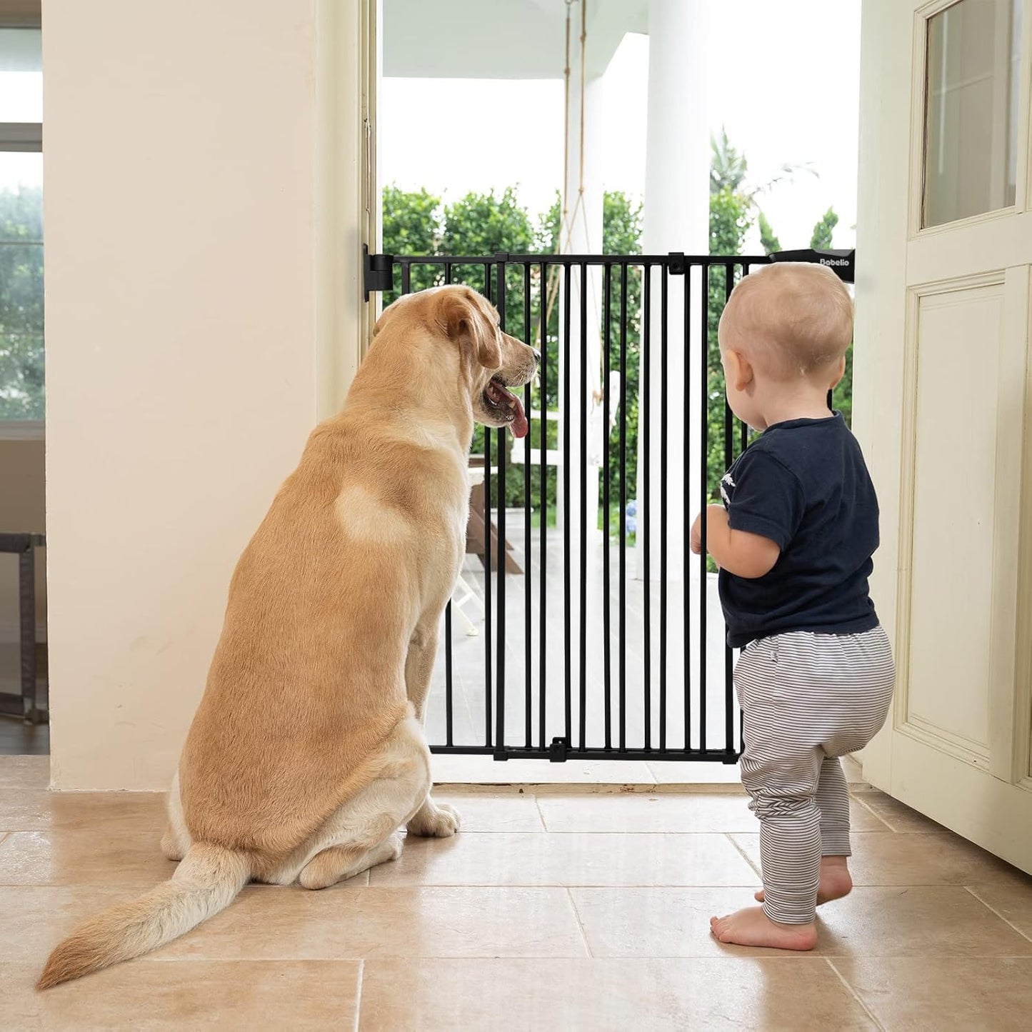 Babelio 34" Extra Tall Baby/Dog Gate with No Threshold Design Walk Thru Door, 26-43" Auto Close Safety Gate for Babies, Elders and Pets, Fits Doorways, Stairs, and Entryways, Black