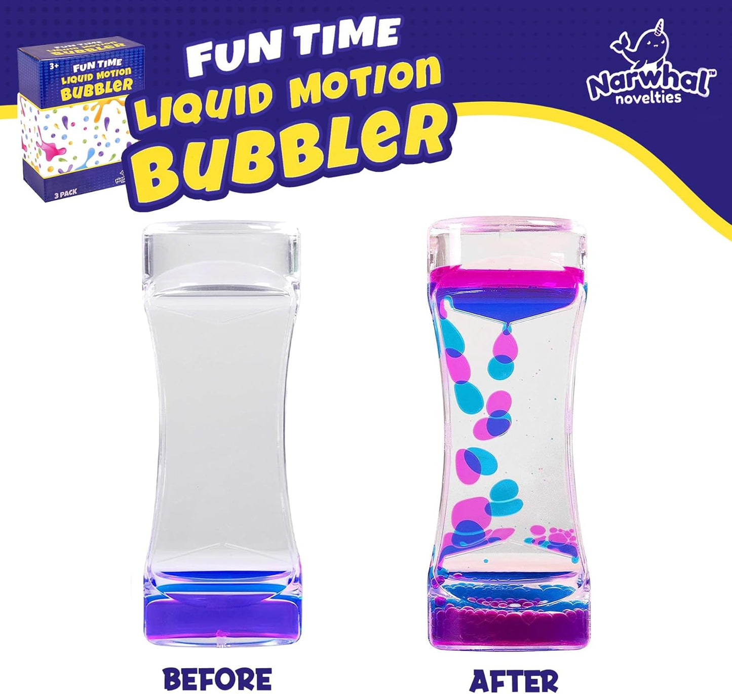 Liquid Motion Bubbler for Kids and Adults - Hourglass Liquid Bubbler/Timer for Sensory Play Toys, Fidget Toy and Stress Management (3 Pack)