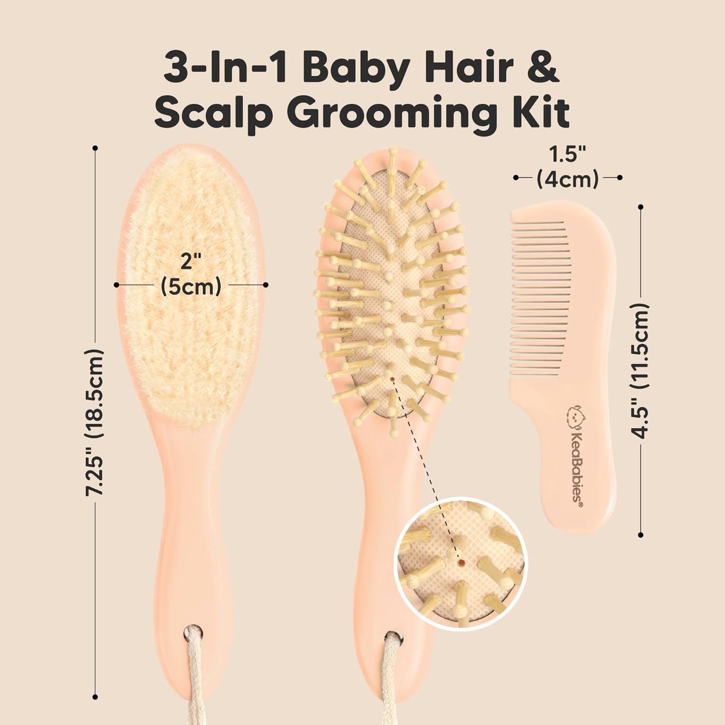 Baby Hair Brush and Comb Set for Newborn - Wooden Baby Hair Brush Set with Soft Goat Bristle, Baby Brush Set for Newborns, Baby Brush and Comb Set Girl, Boy, Toddler Cradle Cap Brush (Oval, Peach)