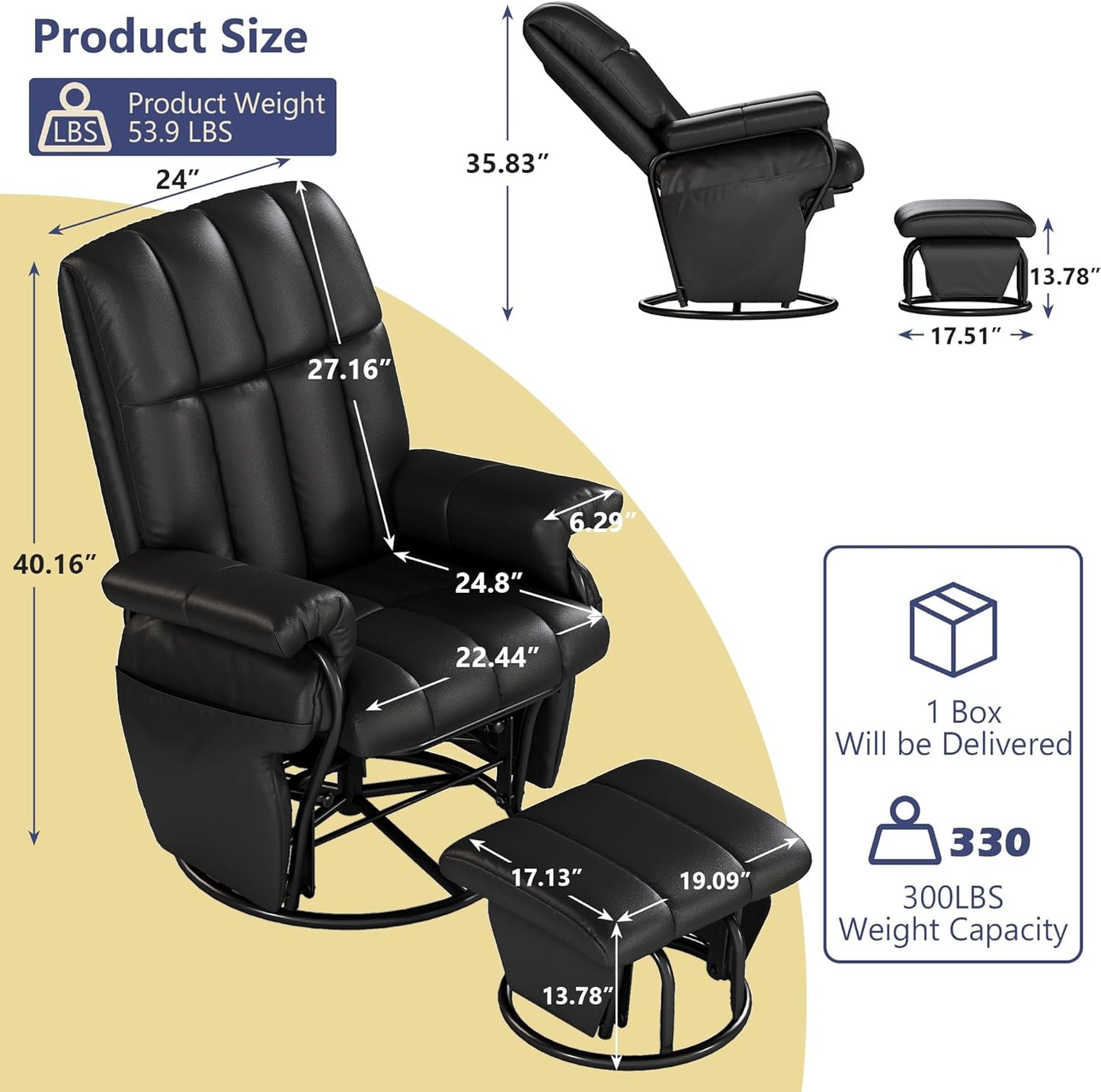 AODAILIHB Swivel Glider Recliner with Ottoman, 360 Rocking Chair with Foot Rest Recliner Chair Indoor Rocking Chair with Side Pockets Nursery Chairs for Living Room, Bedroom, Office (Black)