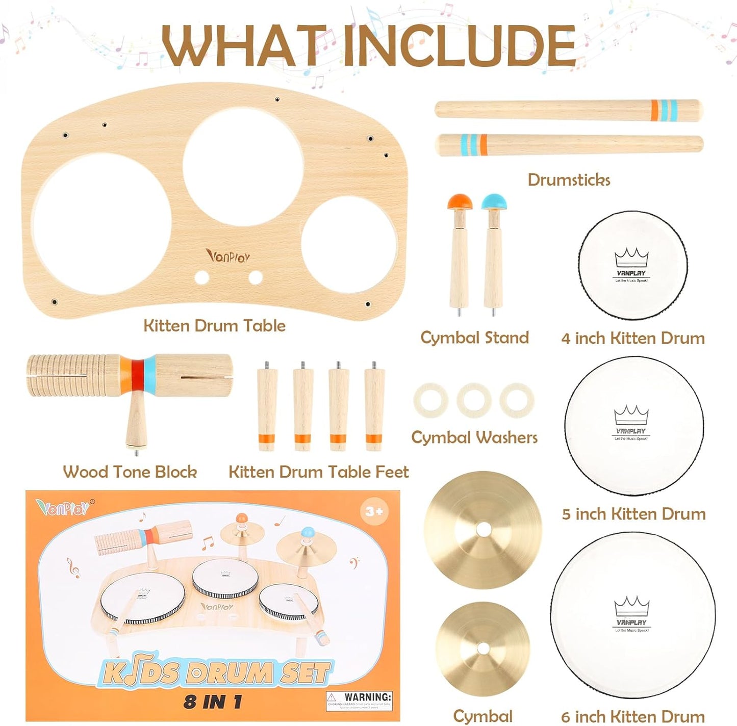 Kids Drum Set for Toddlers 3+, 8 in 1 Montessori Musical Instruments - Wooden Musical Toys for Baby Easter Christmas Birthday Gifts for Preschool Learning Music for Boys Girls Age 3 4 5 6