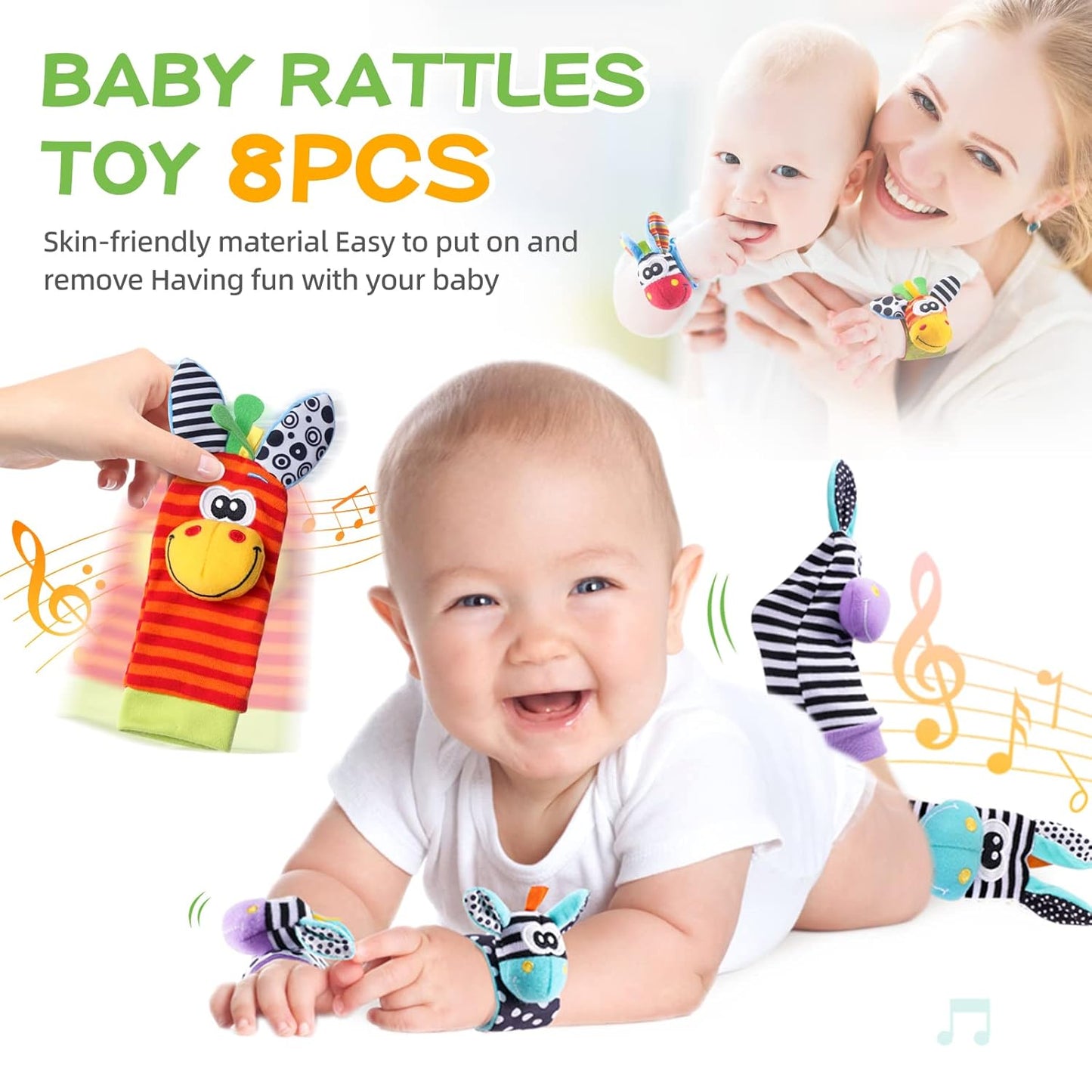 Baby Rattle Socks Set, Hand and Foot Finder Rattles Toys for Babies 0-6 Months, Infant Shower Gifts Set with Wrist Rattle Socks, Newborn Sensory Toy for Boys Girls 0-12 Months