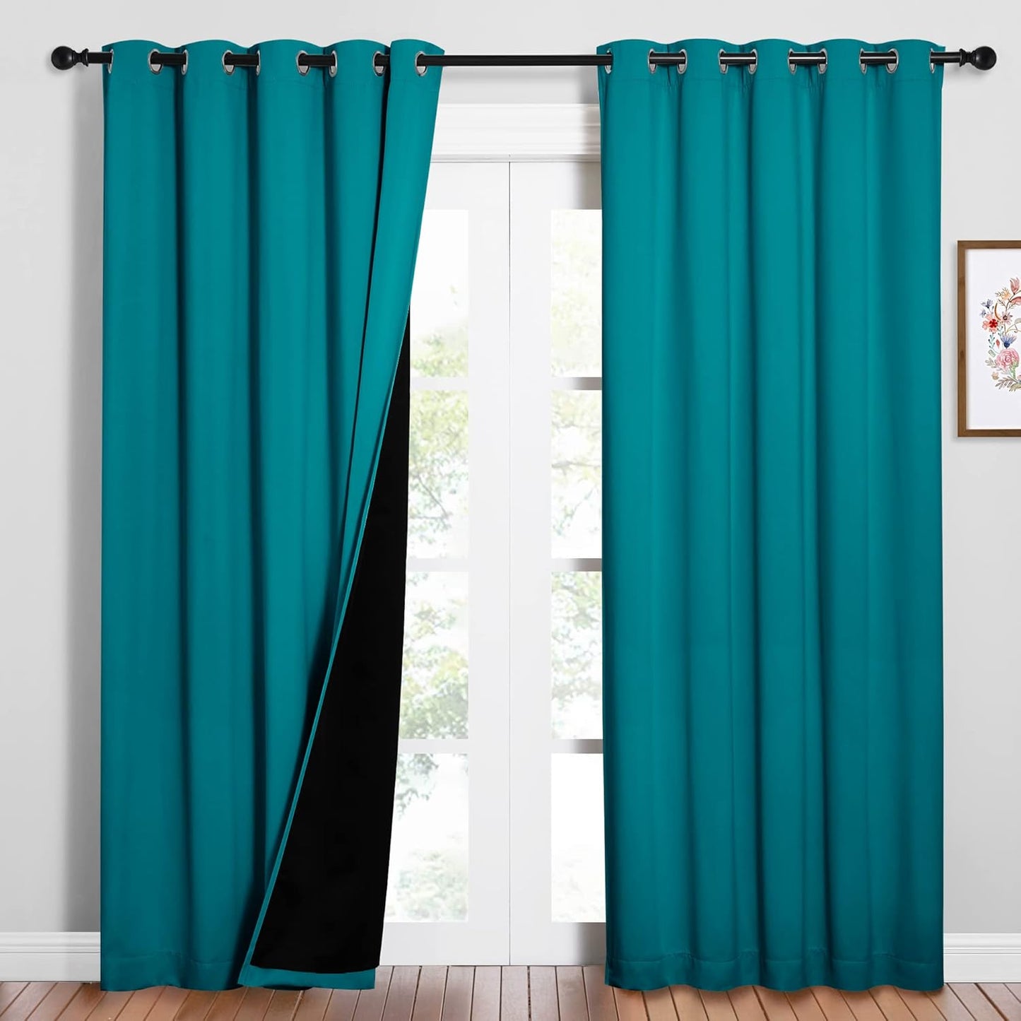 NICETOWN 100% Blackout Window Curtain Panels, Cold and Full Light Blocking Drapes with Black Liner for Nursery, 84 inches Drop Thermal Insulated Draperies (Peacock Teal, 2 PCs, 62" Wide Each Panel)