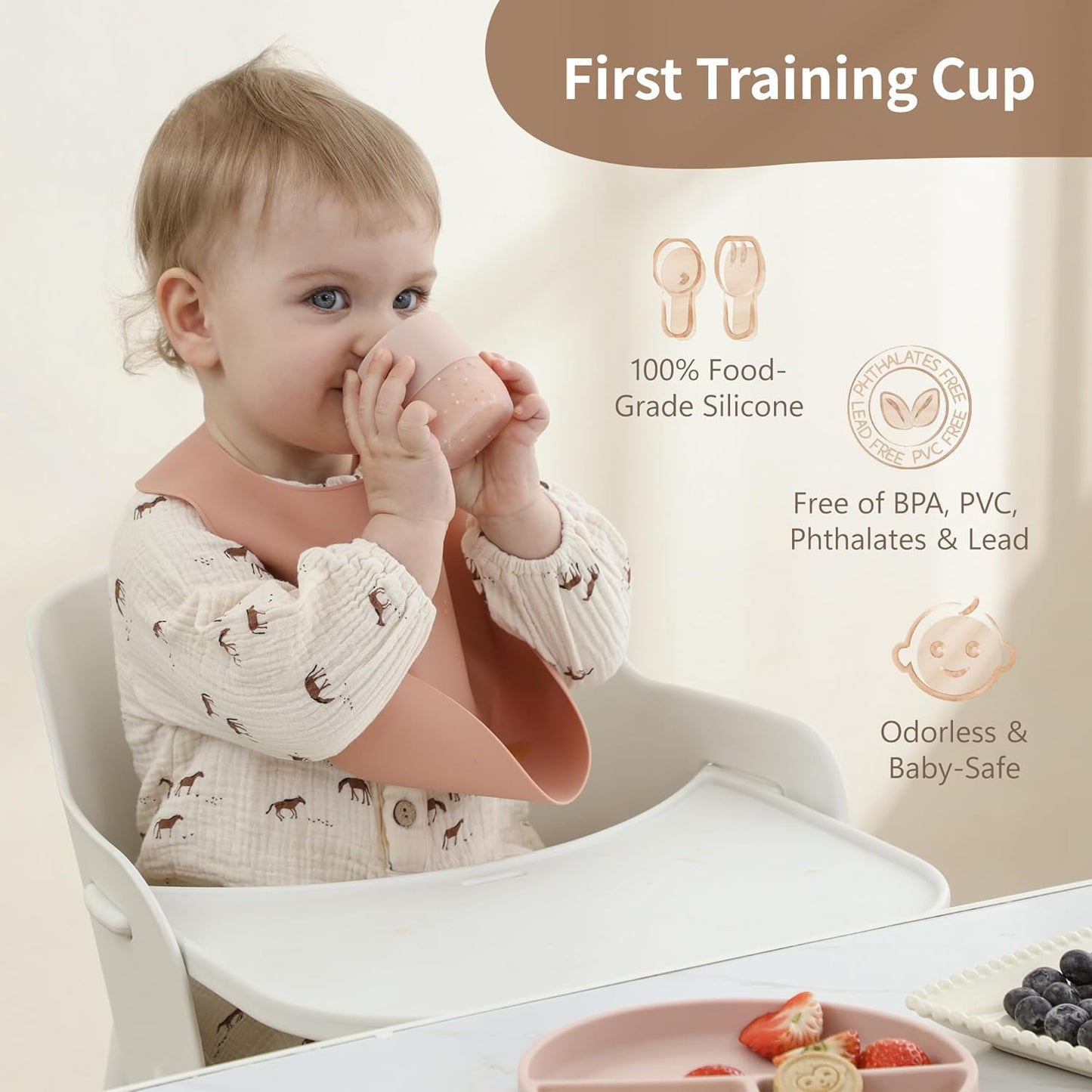 Moonkie Baby Training & Sippy Cup Set | 4 Months+ | Baby-Led Weaning Essential | Gift (Blush Cup Set, 2 Pack)