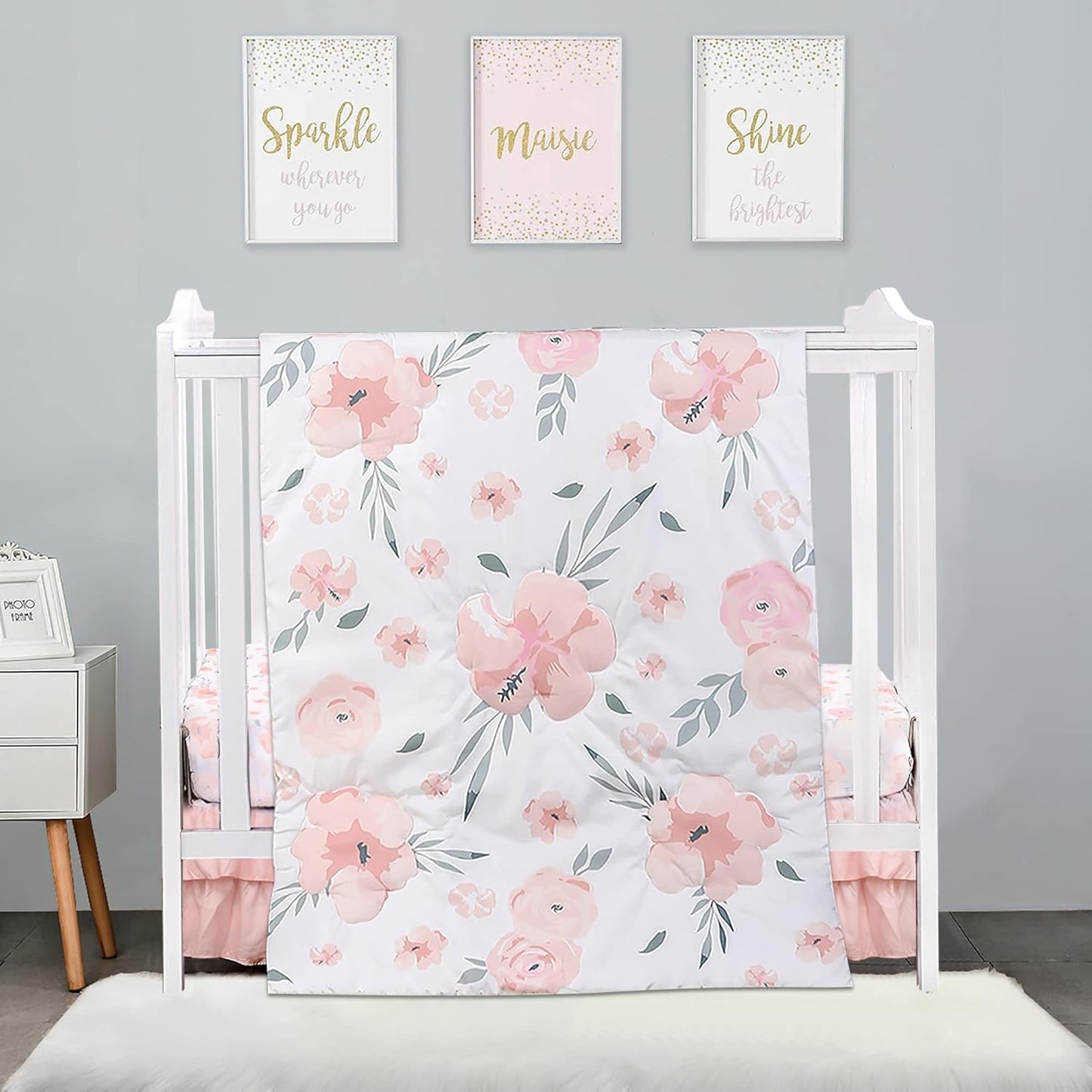 PINNKKU 3-Piece Crib Bedding Set for Boy Girls, Includes Crib Skirt, Blanket, Sheet, Baby Bedding, Floral, Mini Size